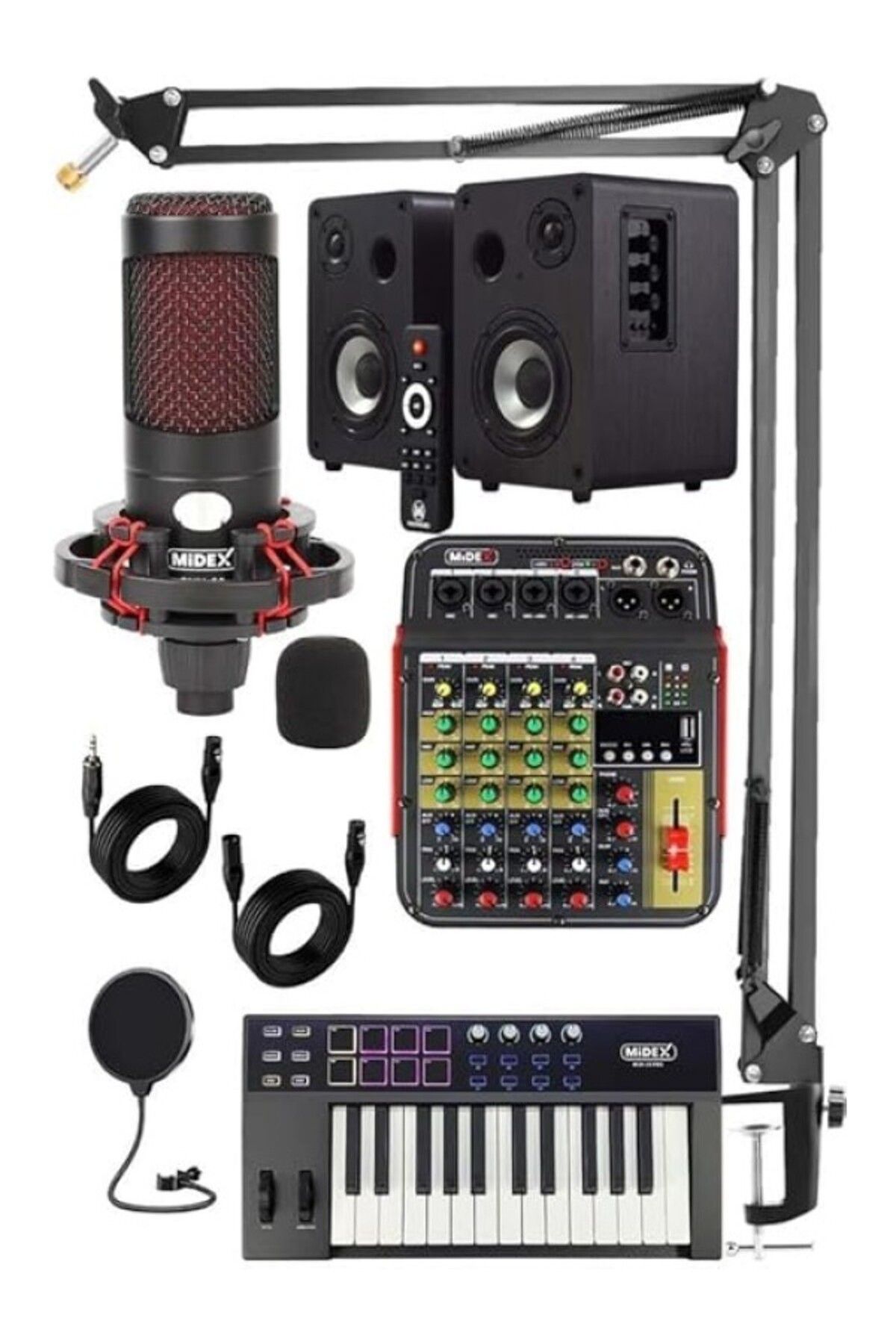 ShopZum Cxn-30 Paket-7 Midi Klavye 5 Kanal Stüdyo Kayıt Mikserli Referans Monitörlü Condenser Mikrofon Seti