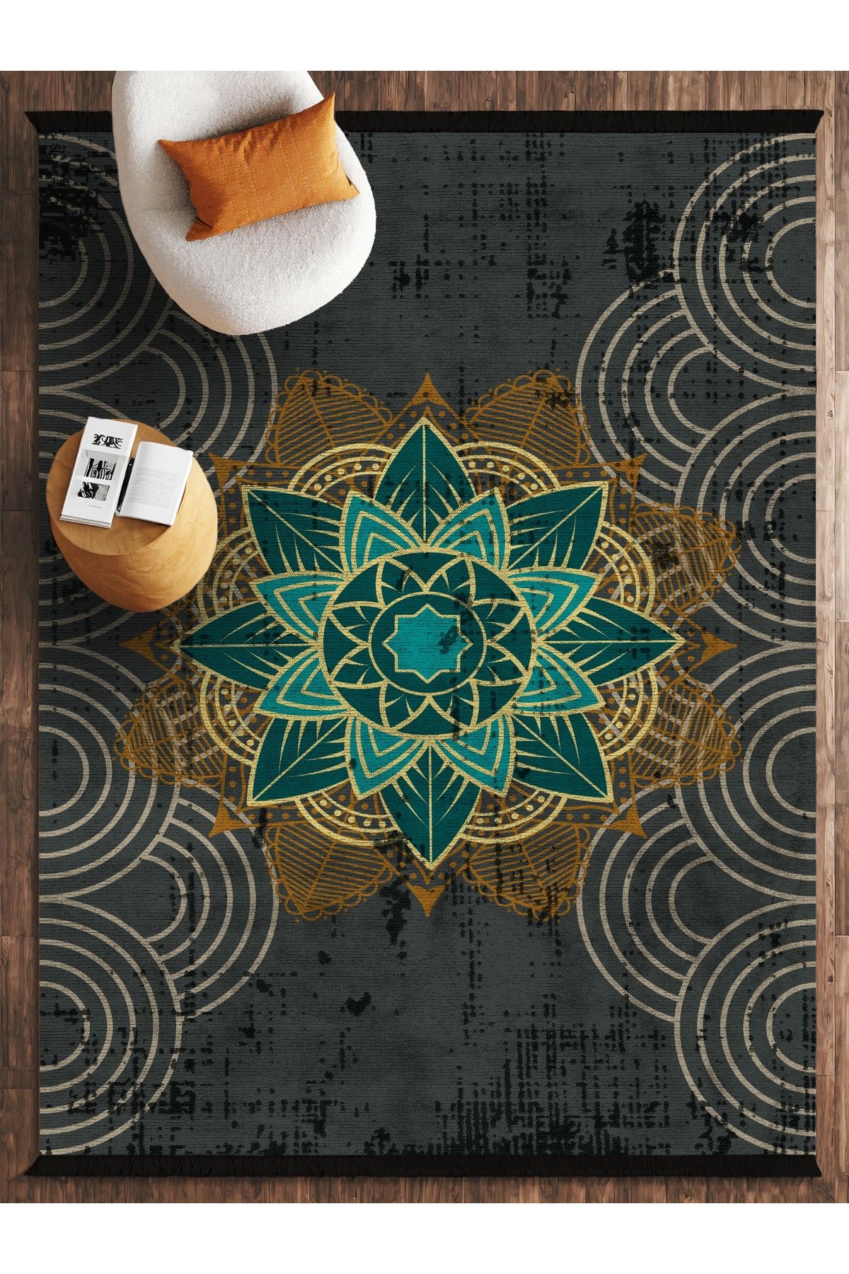 HALIZZON Turkuaz Mandala Desenli Halı Dijital Baskılı Kaymaz Tabanlı Boho Chic Halı