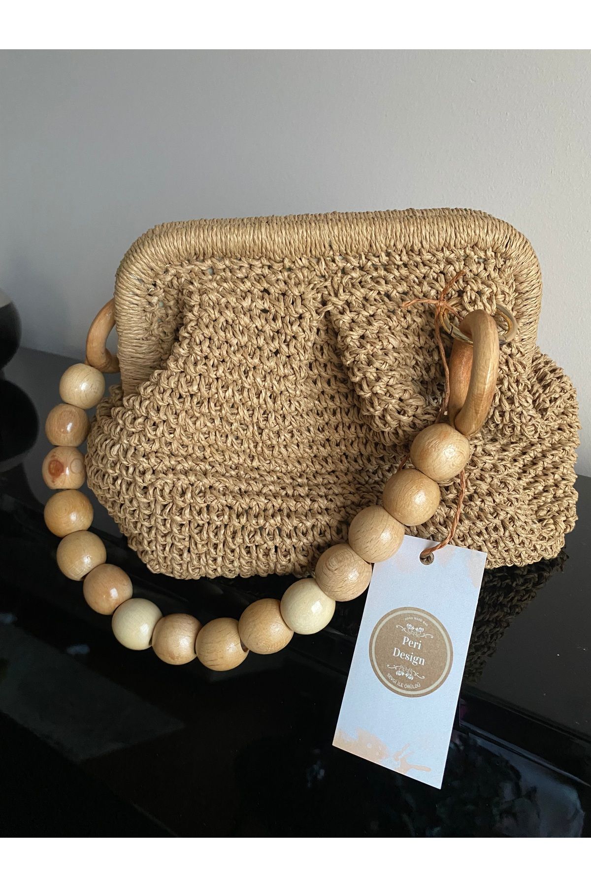 PeriStore Ahşap Boncuklu Hasır Portföy El Çantası 30x20cm