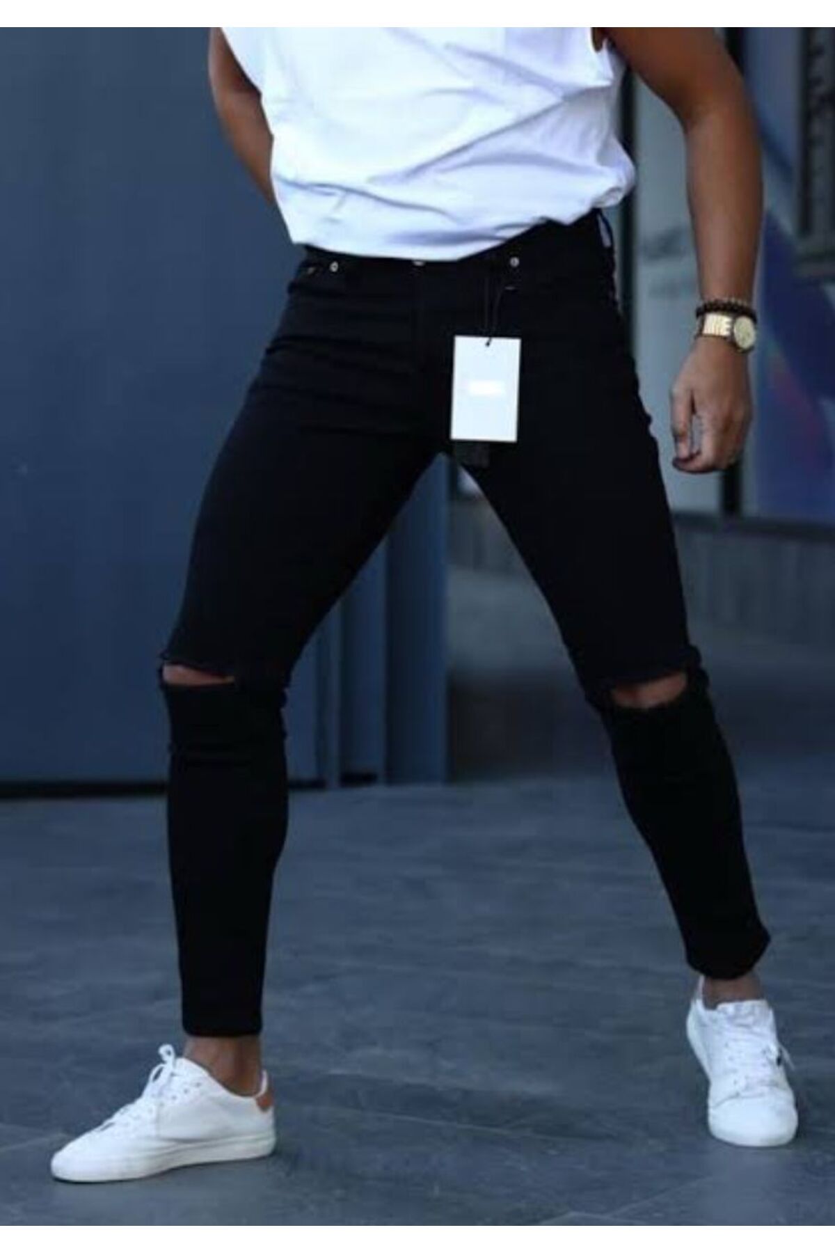 Metfashion ERKEK DİZİ YIRTIK SLİM FİT LİKRALI DENİM KOT PANTOLON JEAN SİYAH