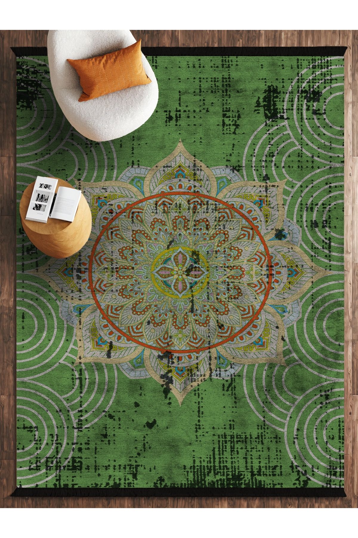 HALIZZON Yeşil Mandala Orta Desenli Halı Dijital Baskılı Kaymaz Tabanlı Meditasyon HalısI