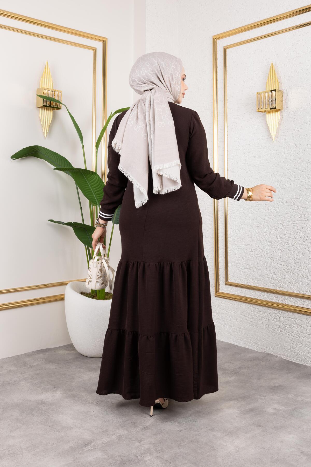 HARMAN BUTİK  Kadın Kat Kat Ribanalı Kahverengi Tesettür Elbise - Görsel 6