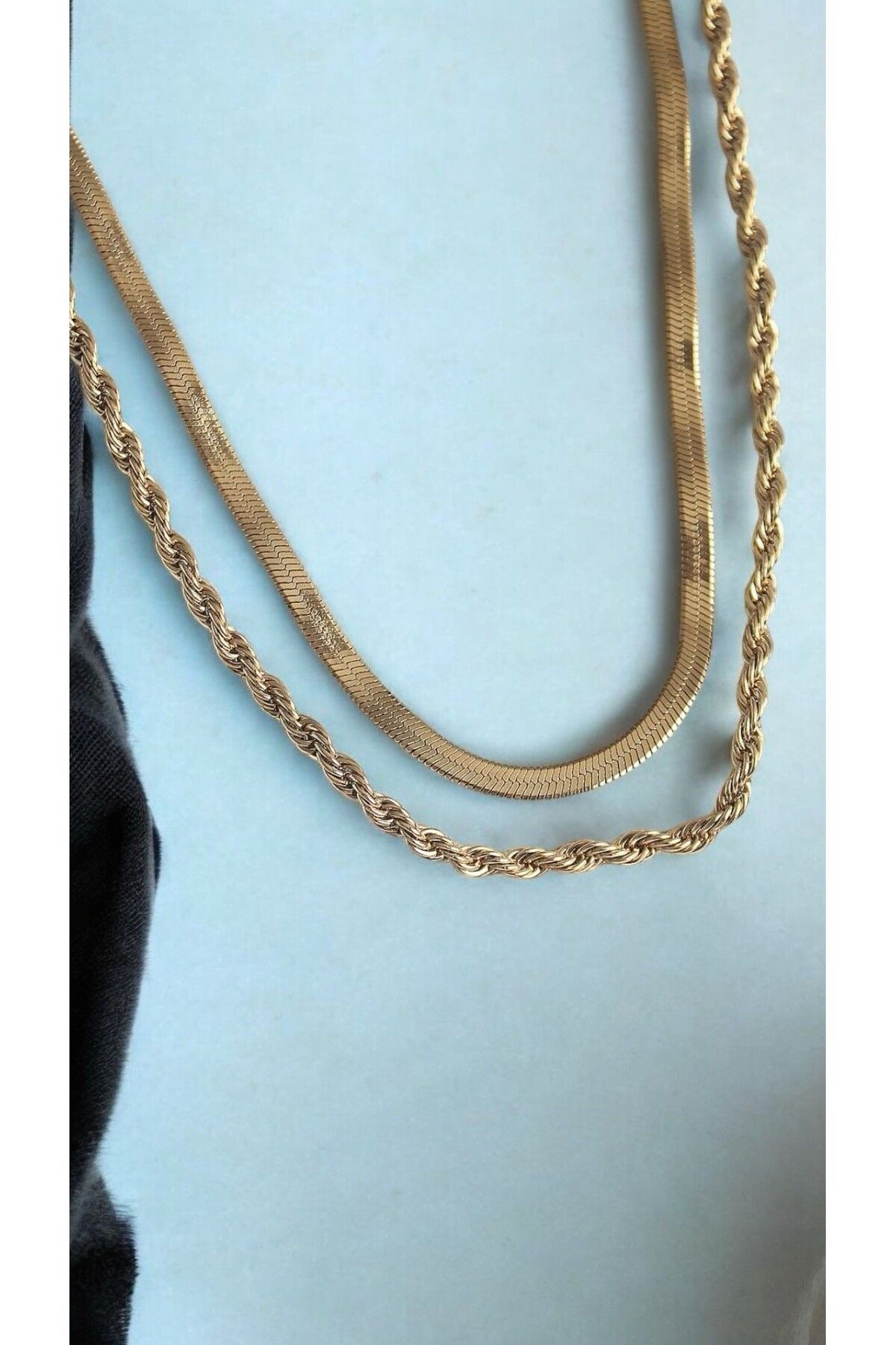 Dorcha 316L Çelik Gold Renk Çift Zincir İtalyan&Burgu Zincir Model Kadın Kolye
