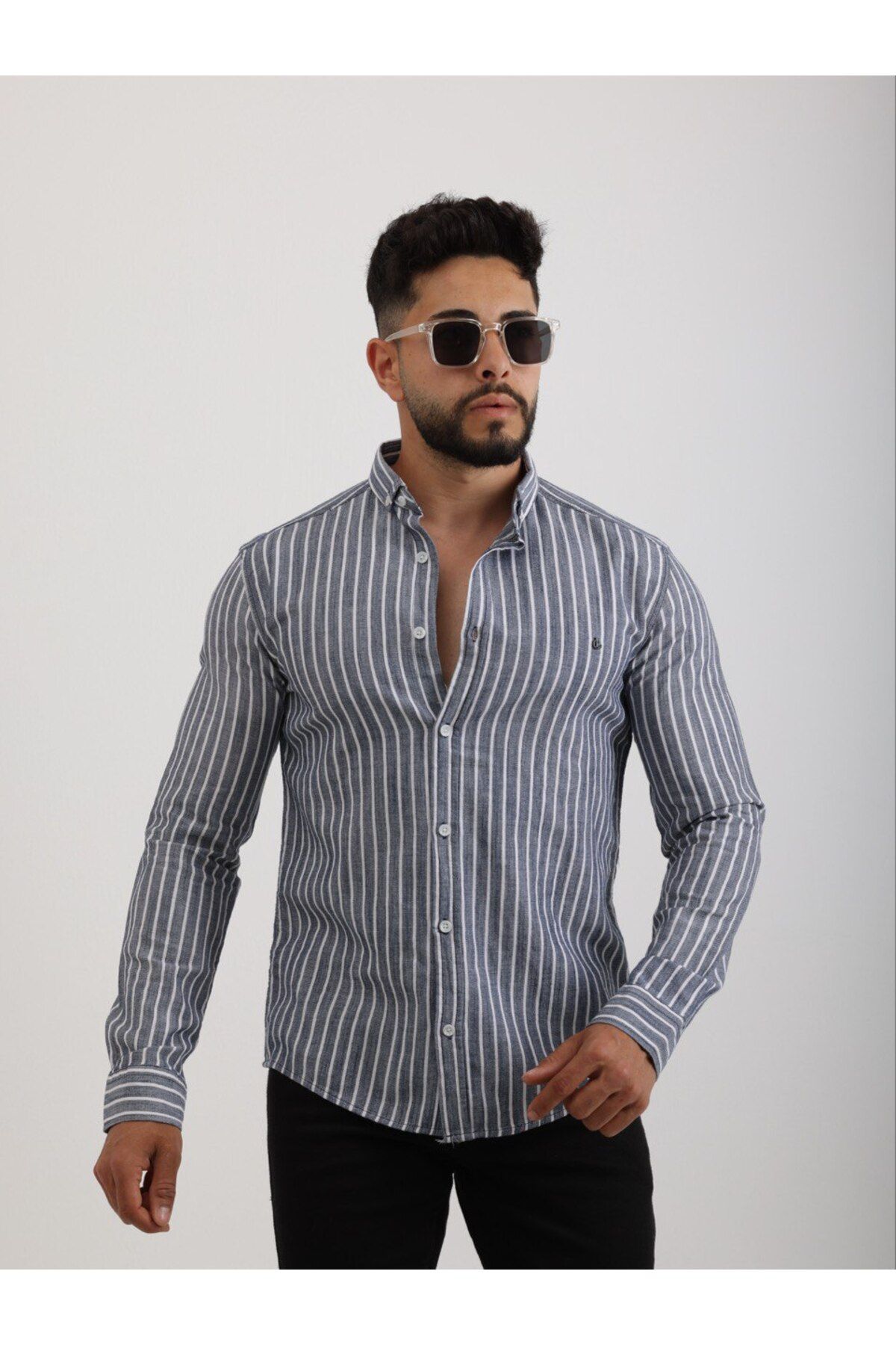 cliento Erkek Slim Fit Beyaz Laci Çizgili Keten Gömlek