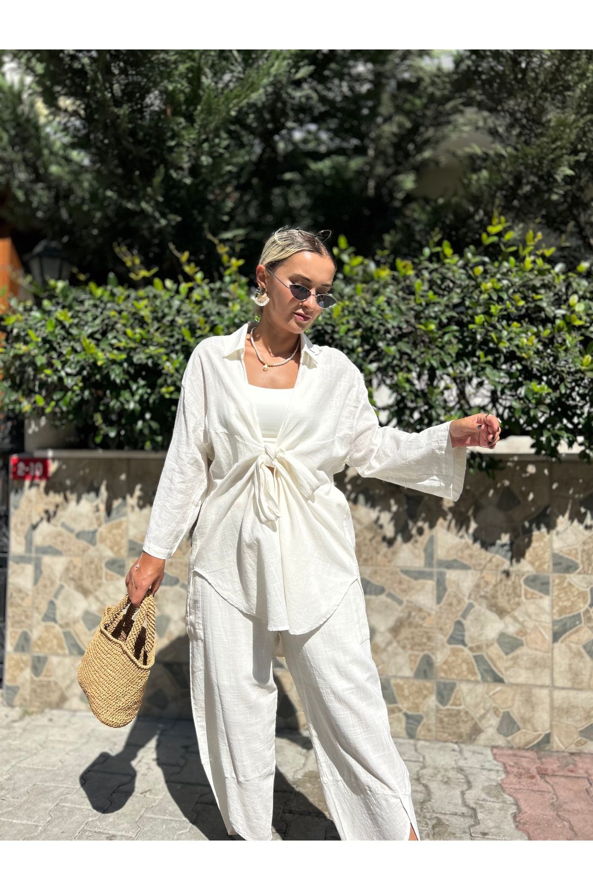 EFİL Beyaz Tasarım Keten Kimono Takım