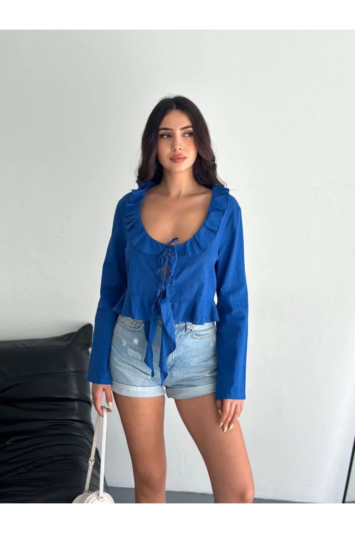 Robahood Keten Uzun Kol Bağacık Detaylı Bluz - Lacivert