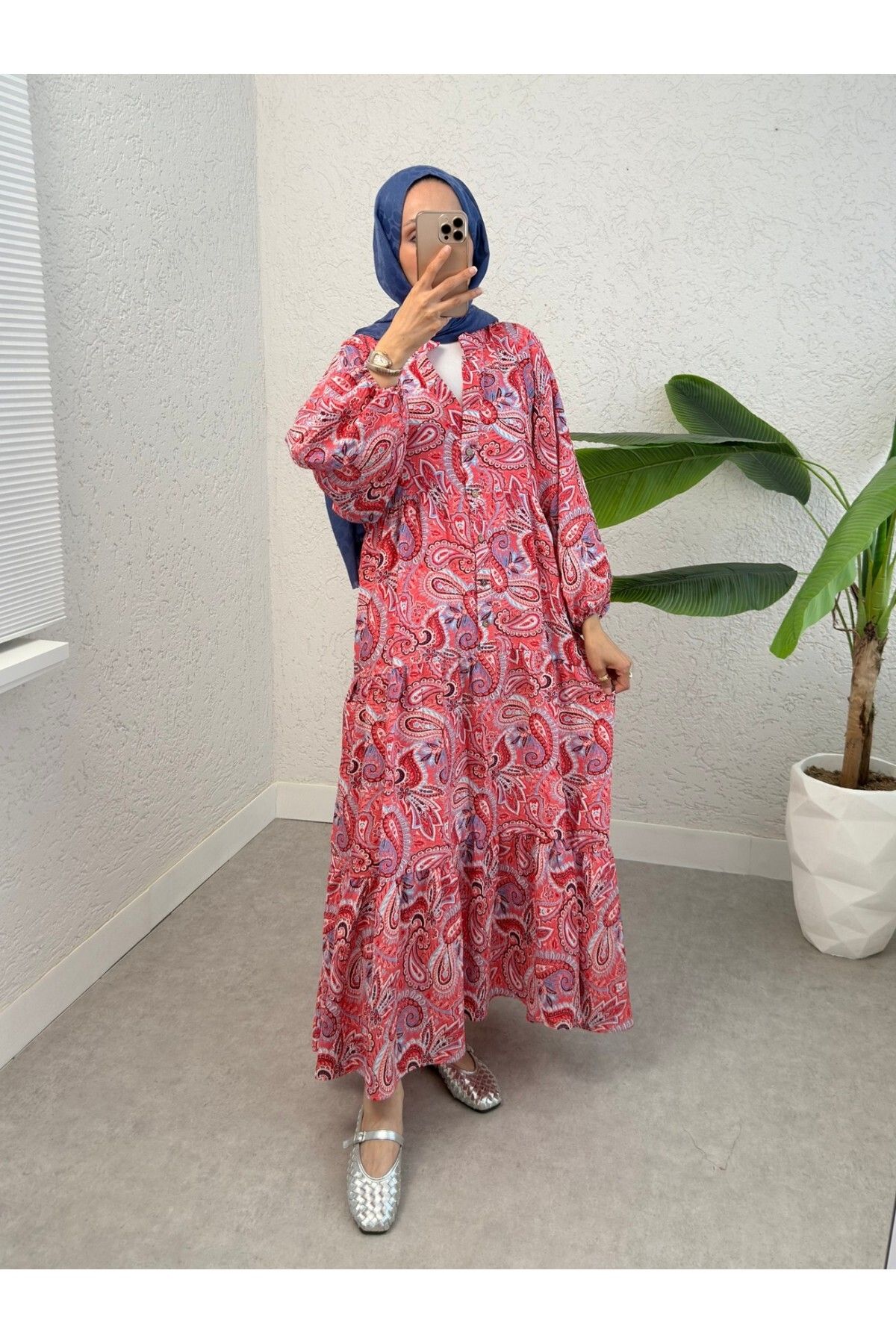 Modamorfo-Half Button Mixed Pattern Sleeve Elastic Dress -Pomegranate Flower 1