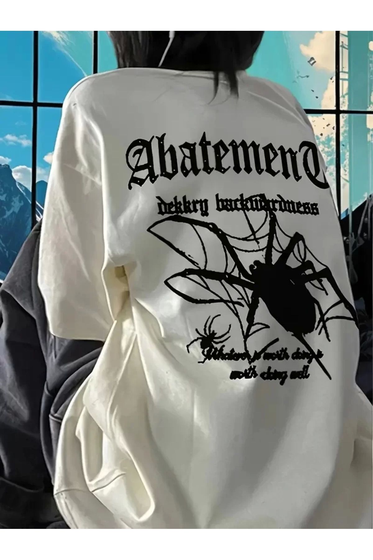 Robahood Örümcek Ağı Desenli Baskılı Oversize Bisiklet Yaka T-shirt - Beyaz