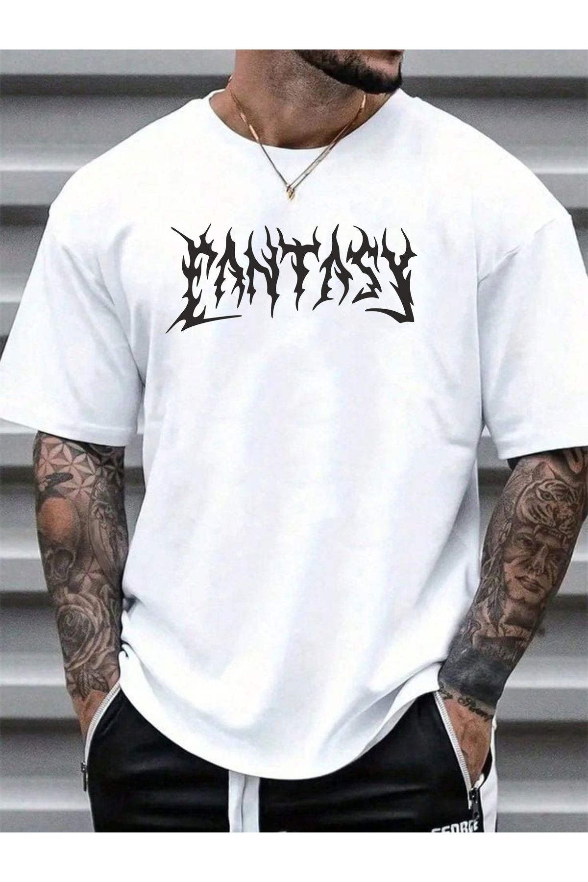 estilowear Unisex Siyah Oversize Bisiklet Yaka Baskılı T-shirt 1024