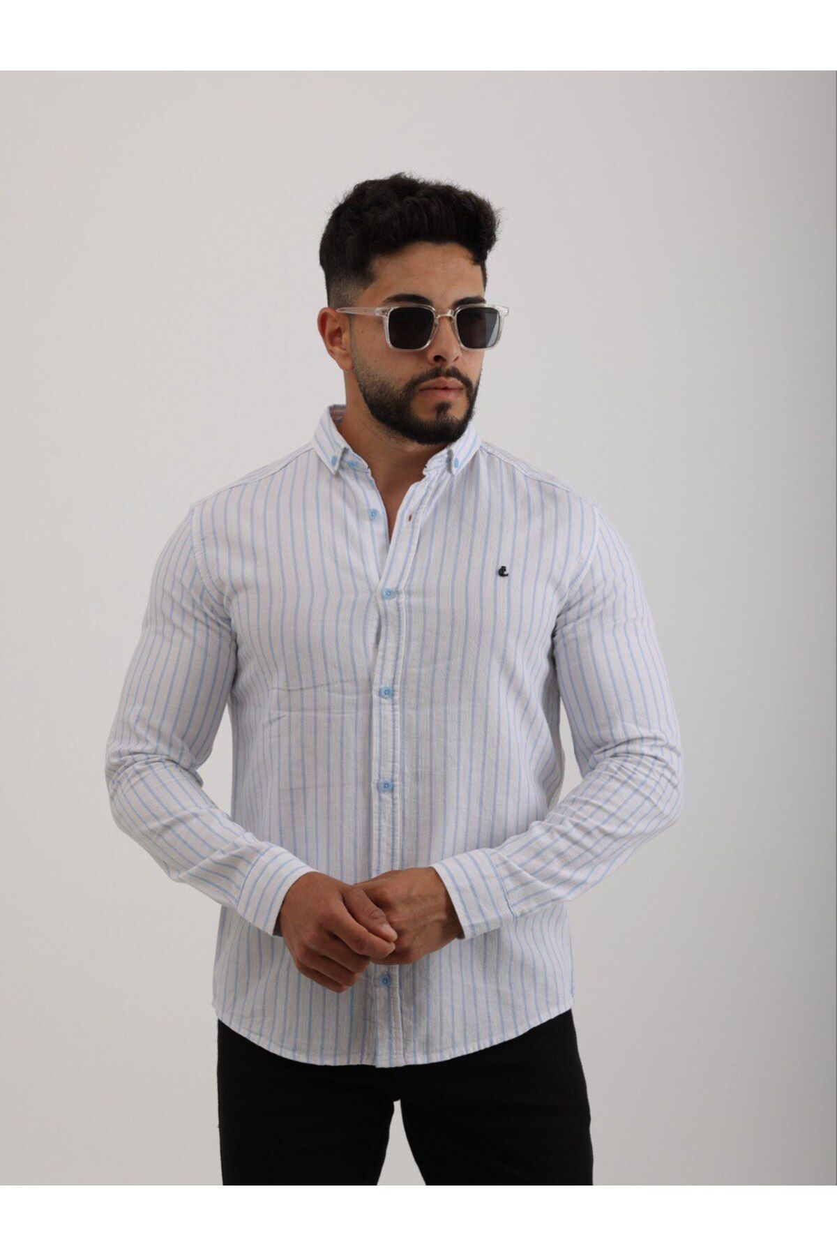 cliento Erkek Slim Fit Beyaz Mavi Çizgili Keten Gömlek