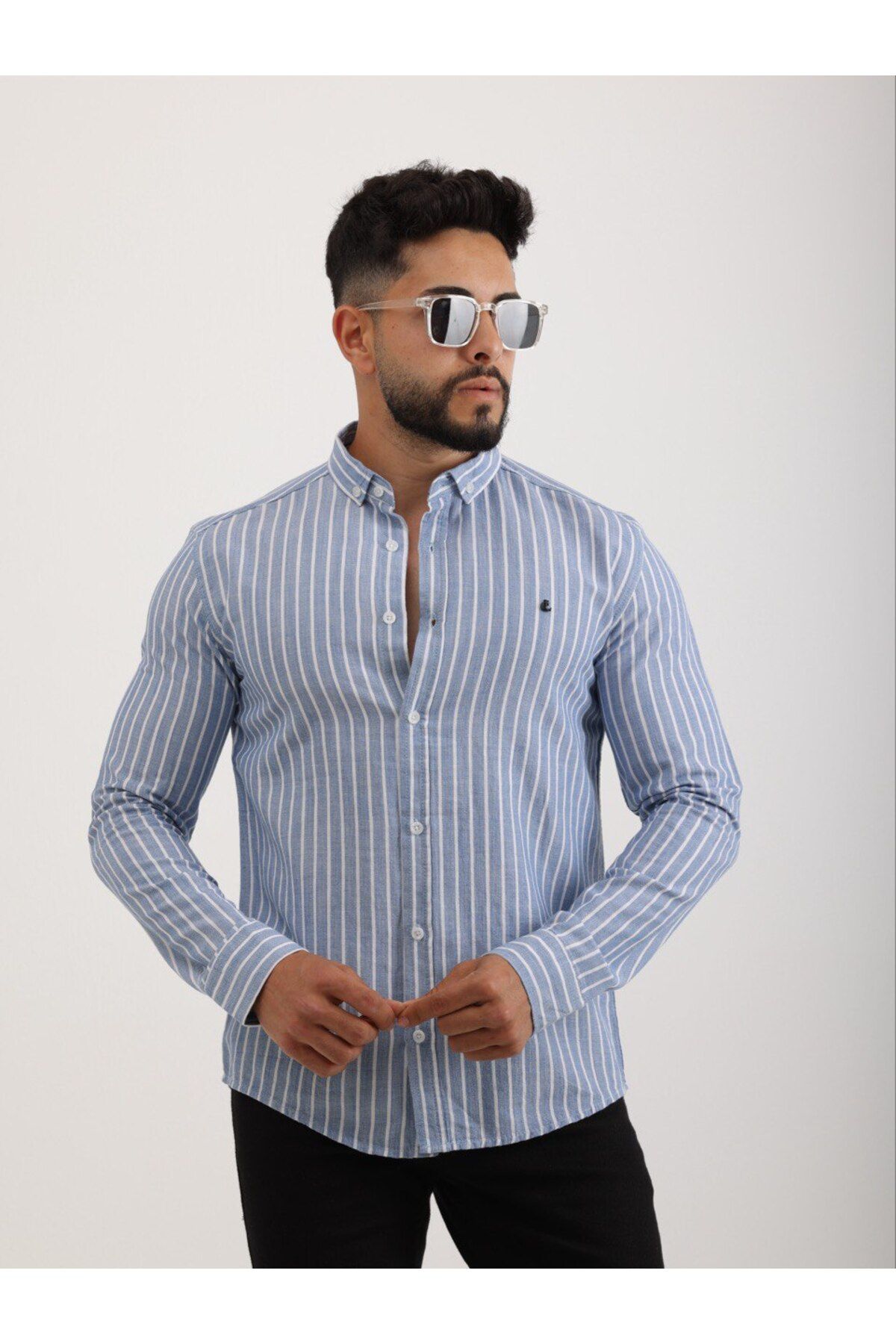 cliento Erkek Slim Fit Beyaz Laci Çizgili Keten Gömlek