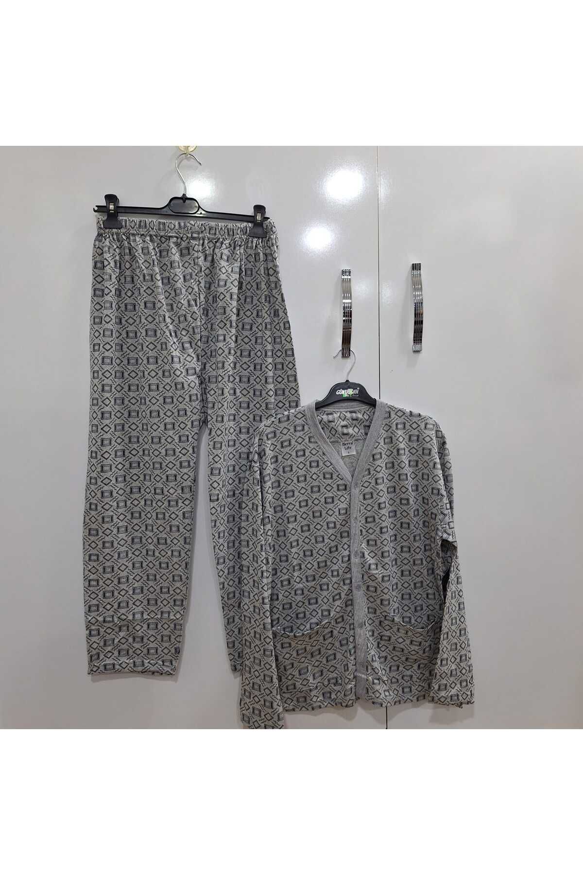 NUR TEKSTİL erkek gri pamuklu penye öden düğmeli cepli pijama takımı