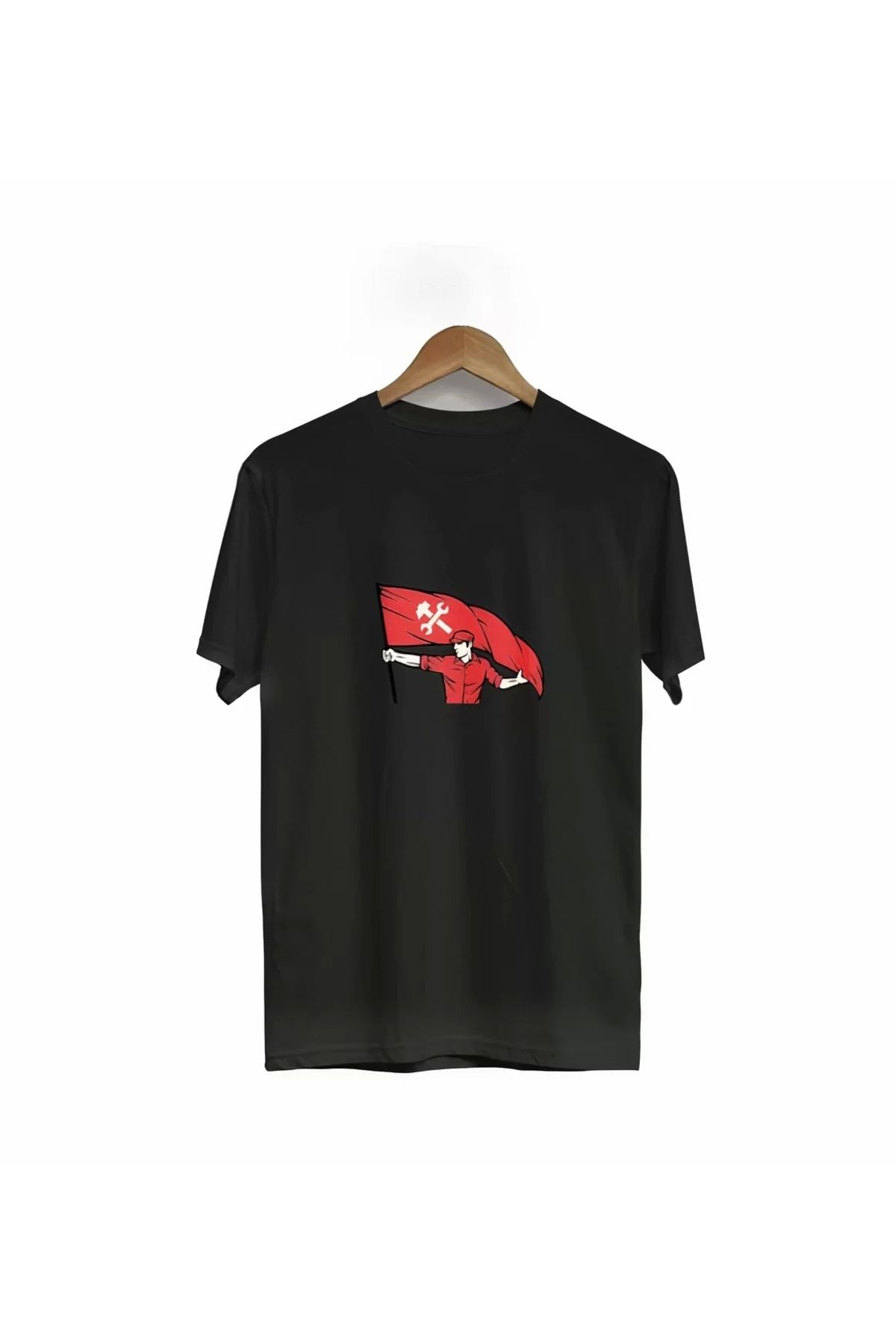 Robahood 1 Mayıs Emekçilerimiz İçin Özel Tasarım Bayraklı Emekçi Baskılı T-shirt - Siyah