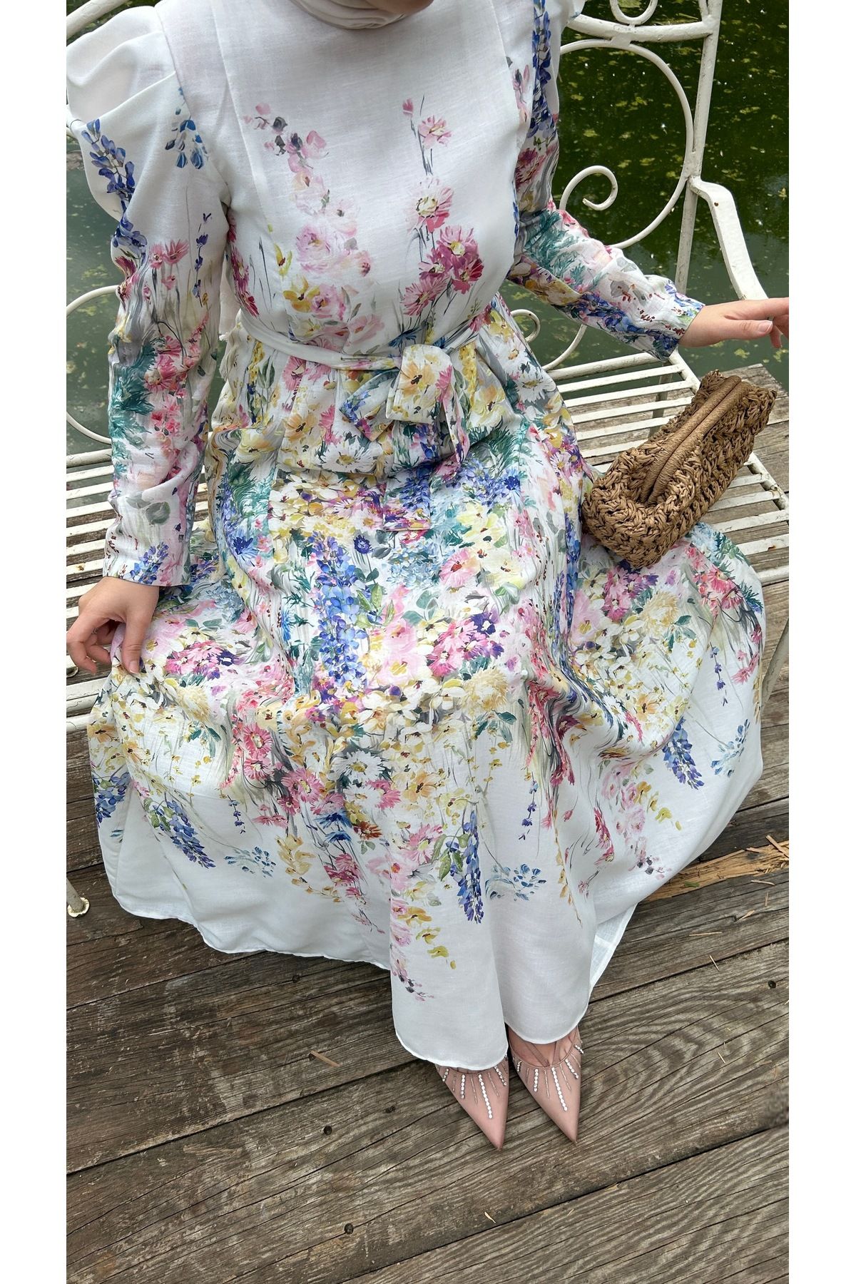 keten çiçekli camellia elbise - 1