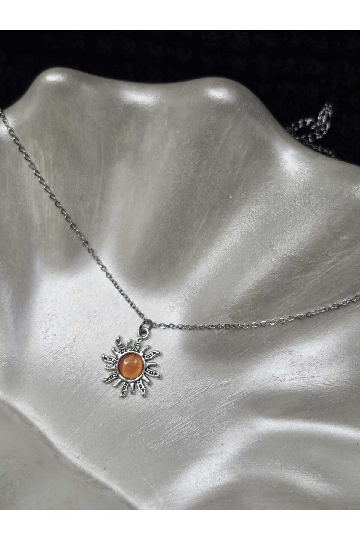 Palk Store Çelik Beyaz Taşlı Güneş Kolye