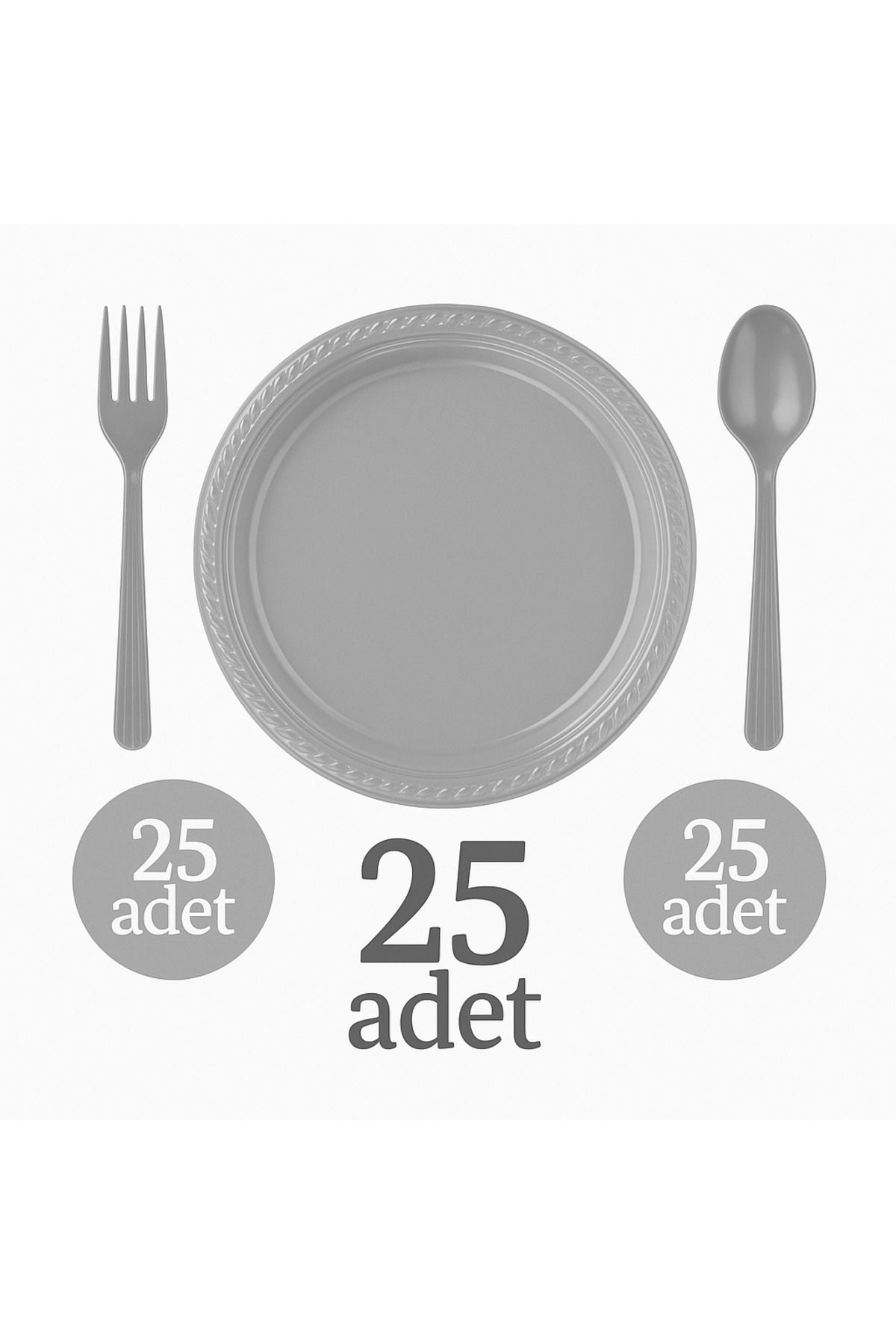 BAKOM AMBALAJ Gri Gümüş Lüks Plastik Çatal Kaşık Tabak Seti – 25’şer Adet | Dayanıklı Piknik ve Parti Sunum Seti
