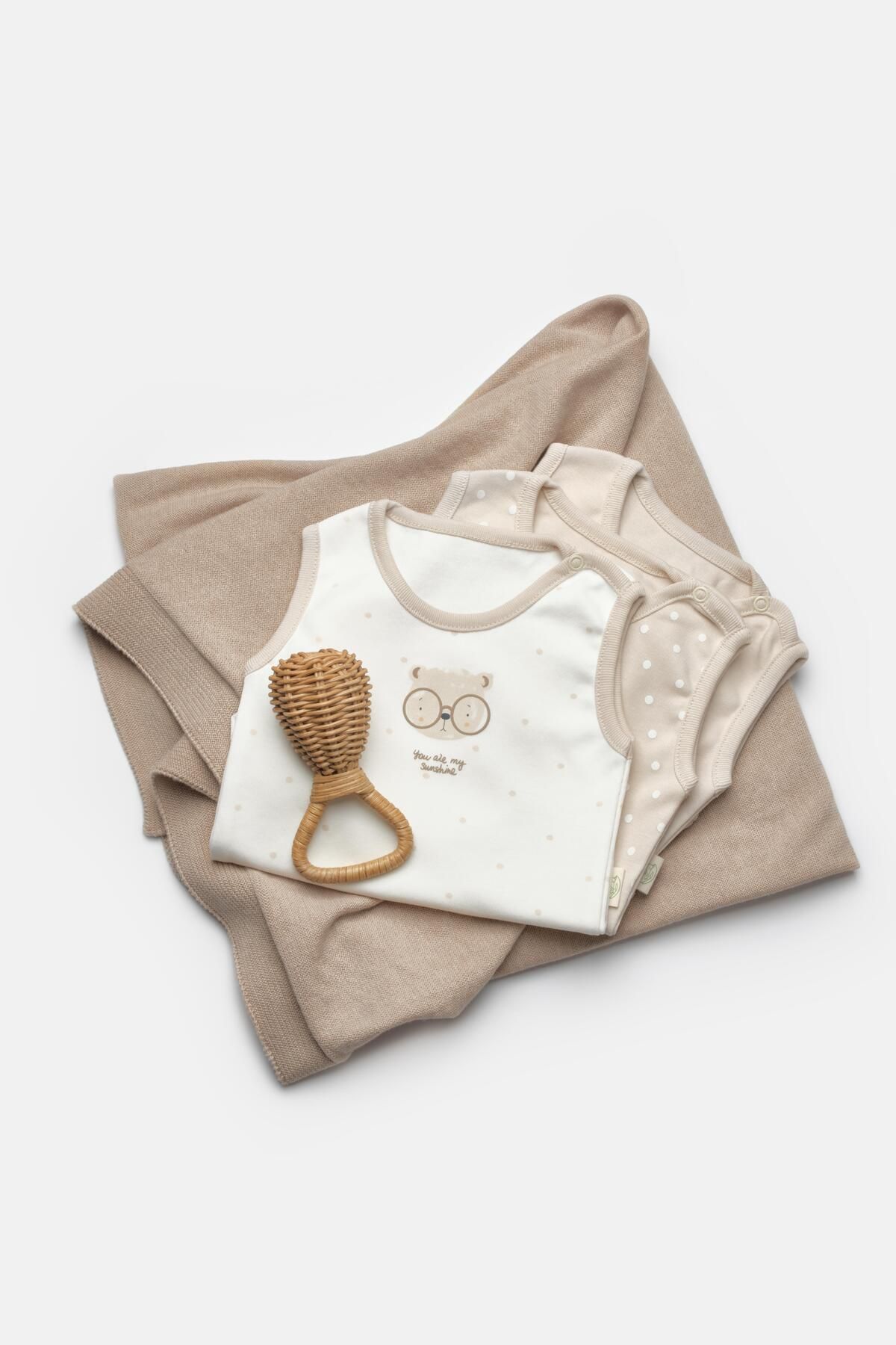 Magu Unisex Bebek Pamuklu Bej-Naturel 3'lü Atlet Body Seti