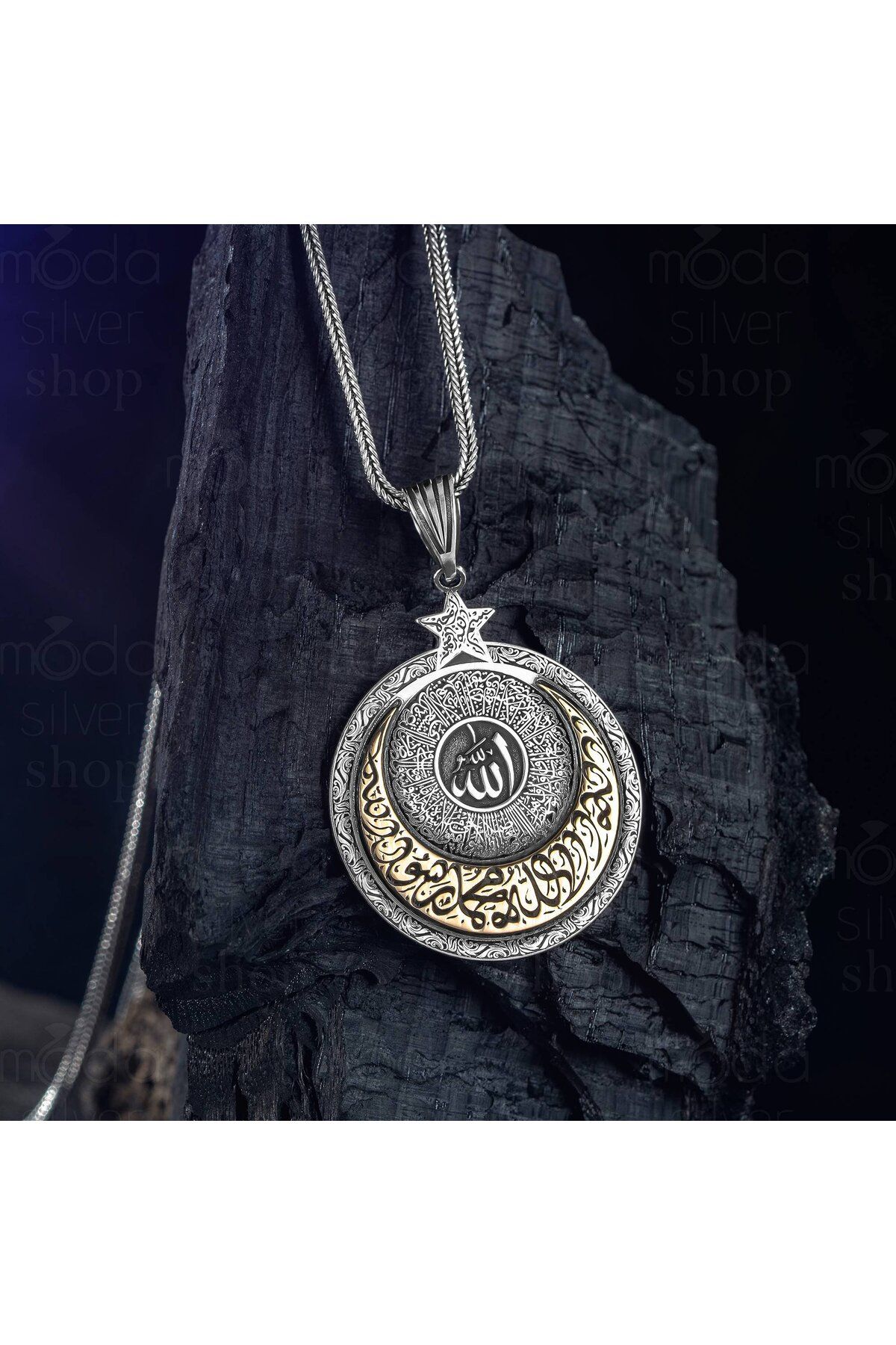 modasilvers 925 Ayar Gümüş kelime-i tevhid yazılı Ayyıldız Tasarım Erkek Kolye