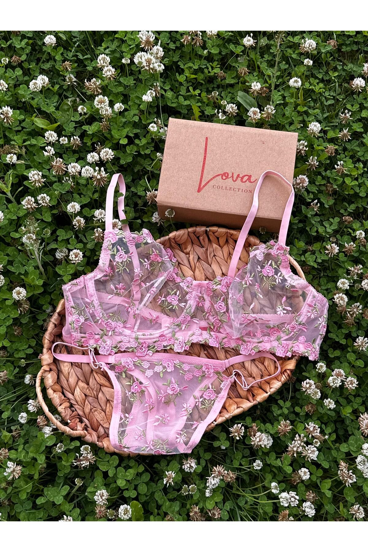 Lova Collection Aurora Pembe Çiçekli Dantel Bralet Takım