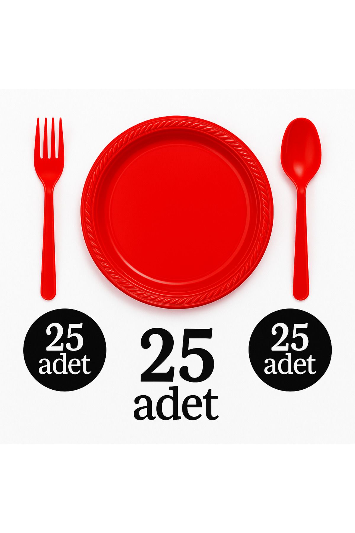 BAKOM AMBALAJ Kırmızı Lüks Plastik Çatal Kaşık Tabak Seti – 25’şer Adet | Dayanıklı Piknik ve Parti Sunum Seti