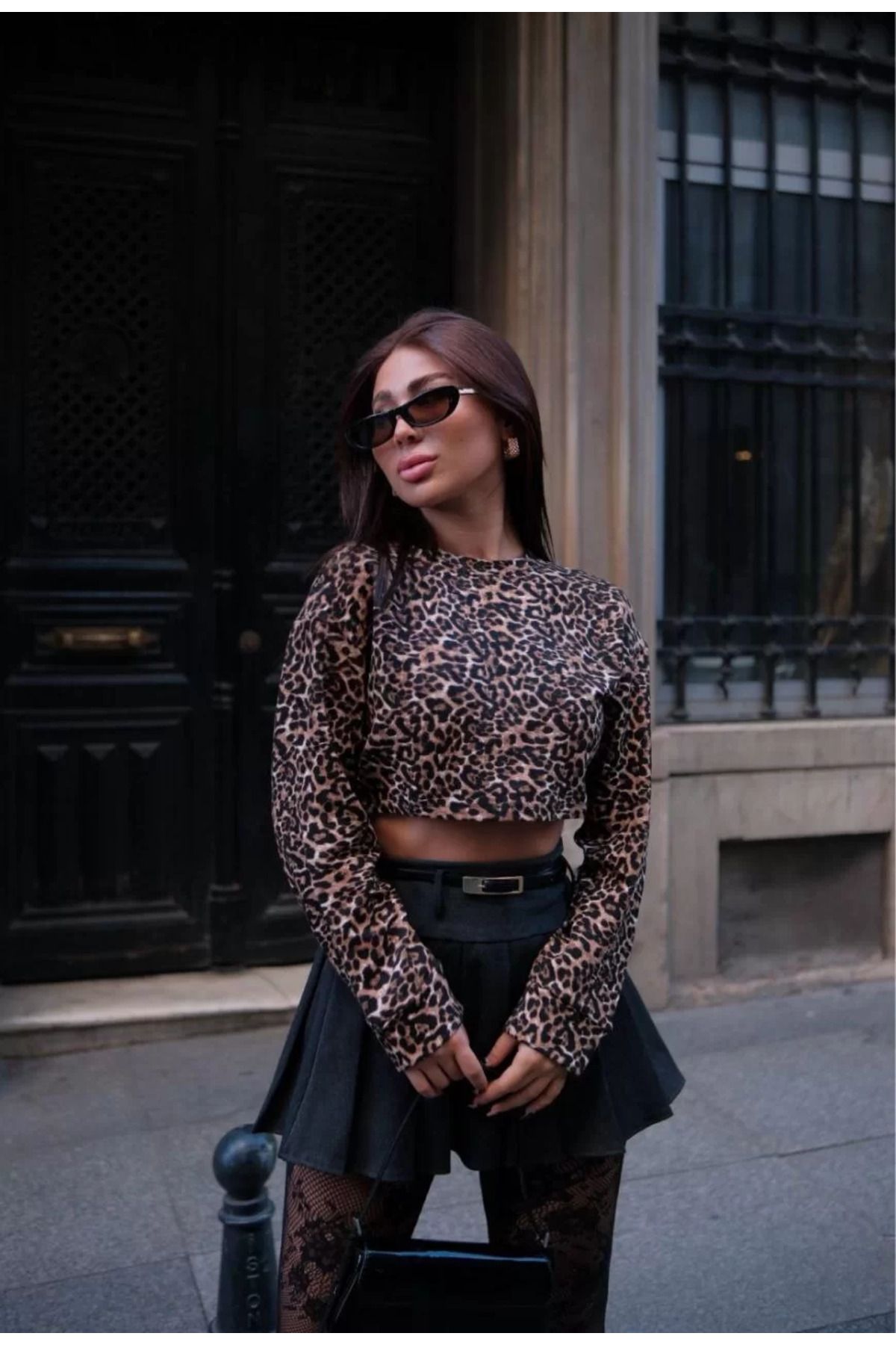 FantaziAtölyesi Leopar desenli Uzun Kollu Crop - Leopar