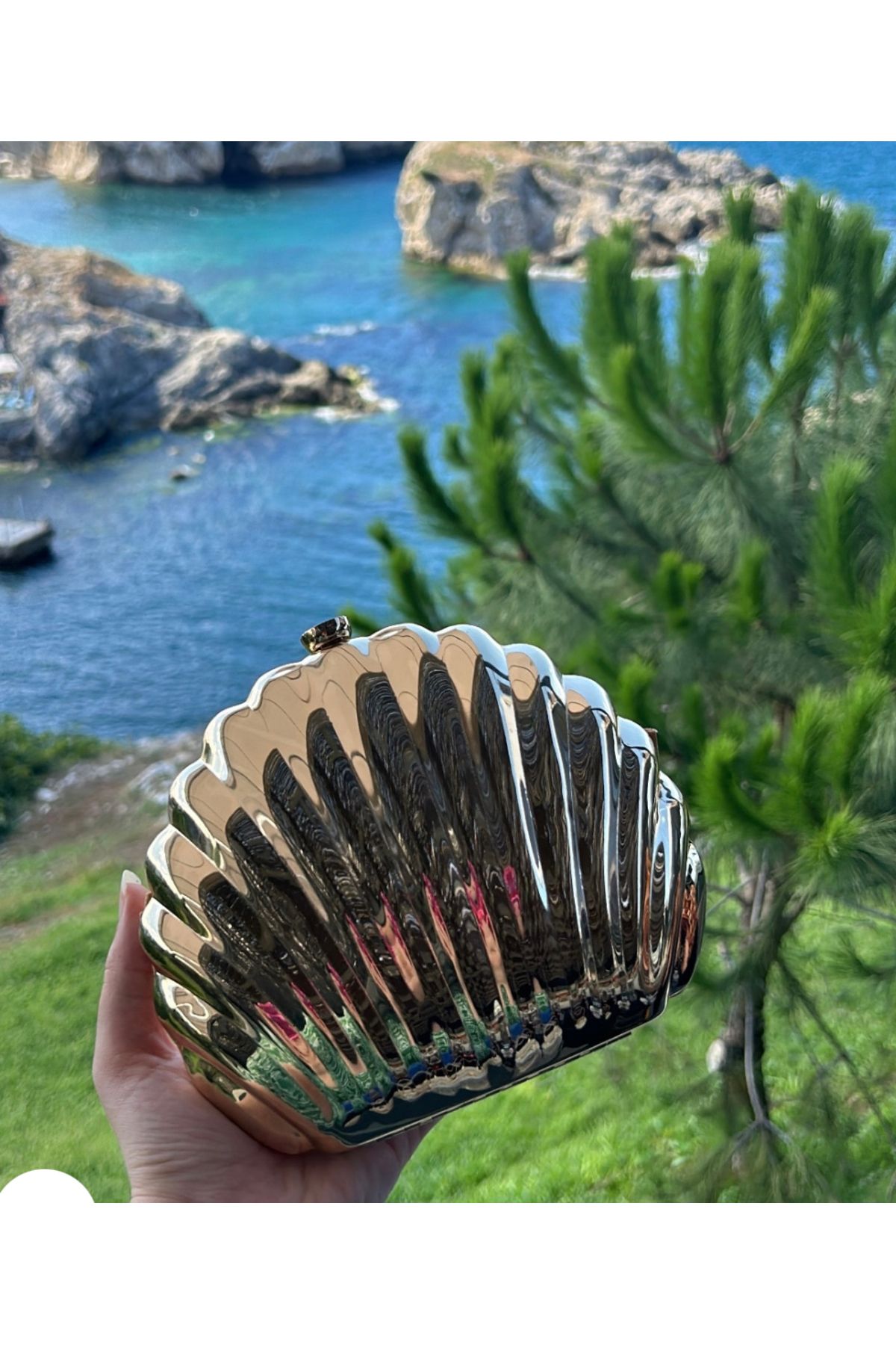 Merve Bayraktar gold mussel çanta