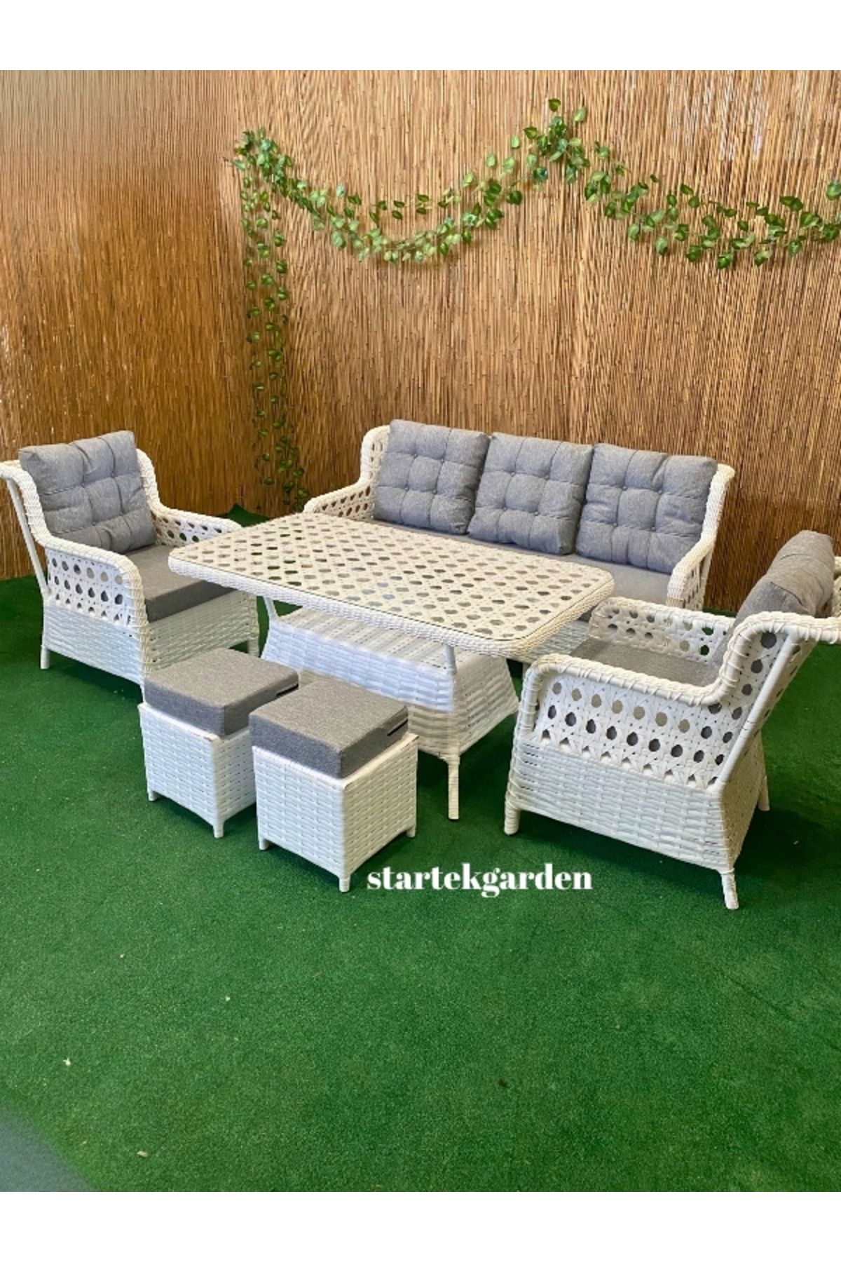 startek home garden Napoli Rattan Bahçe Balkon Masa Takımı (3-1-1) Puflu Beyaz