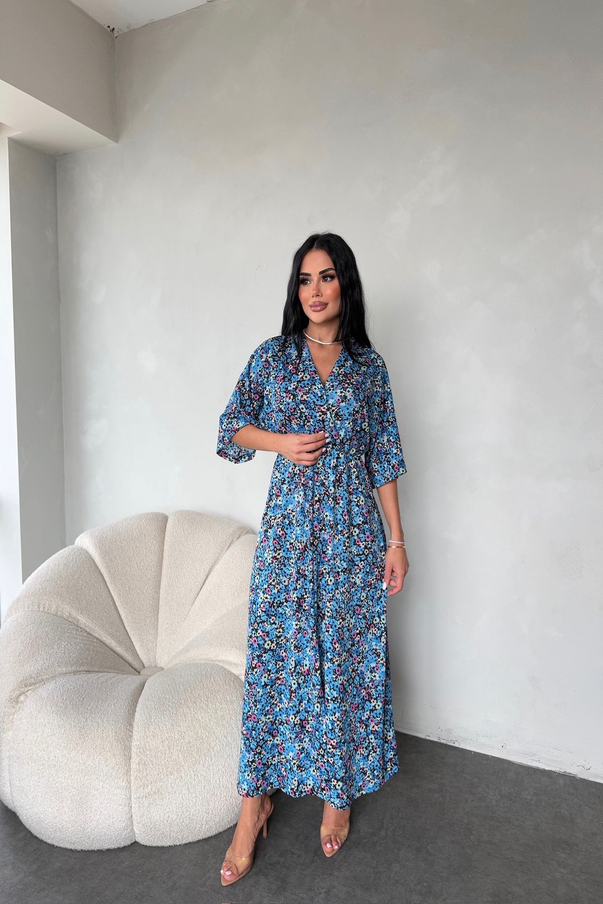 kamacibutik Kruvaze Yaka Çiçek Desenli Elbise