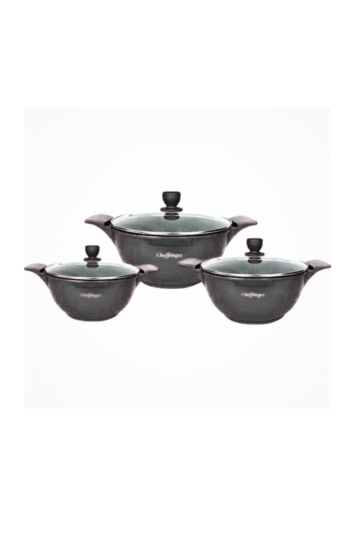 cheffinger-Set of 3 Cheffinger Pans with Lids Non-Stick Marble Coating Black 1