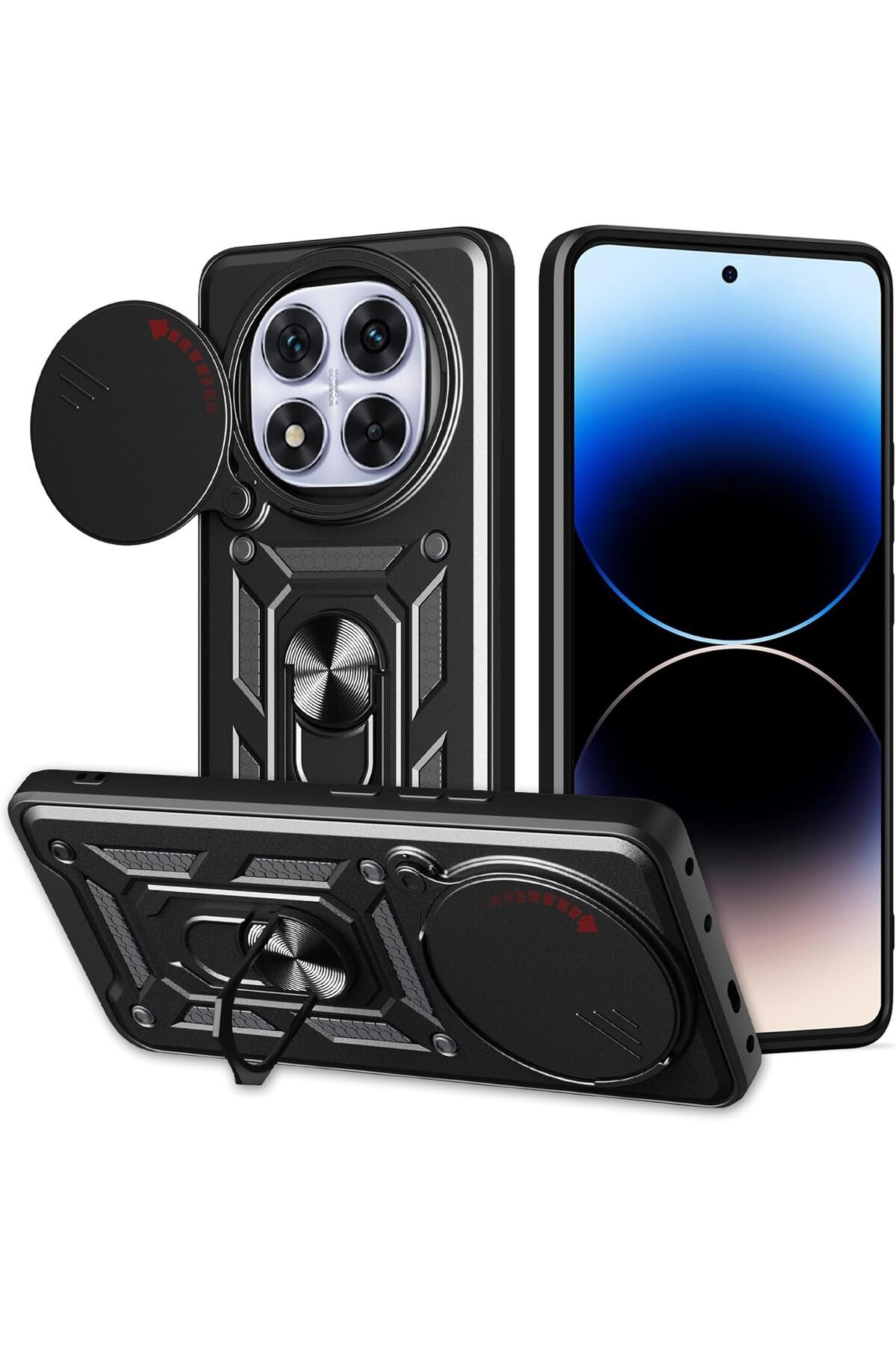 Posso Xiaomi Redmi Note 14 Pro 4G Kılıf Kamera Korumalı 360 Yüzük Standlı Sert Silikon Tank Koruma Kapak