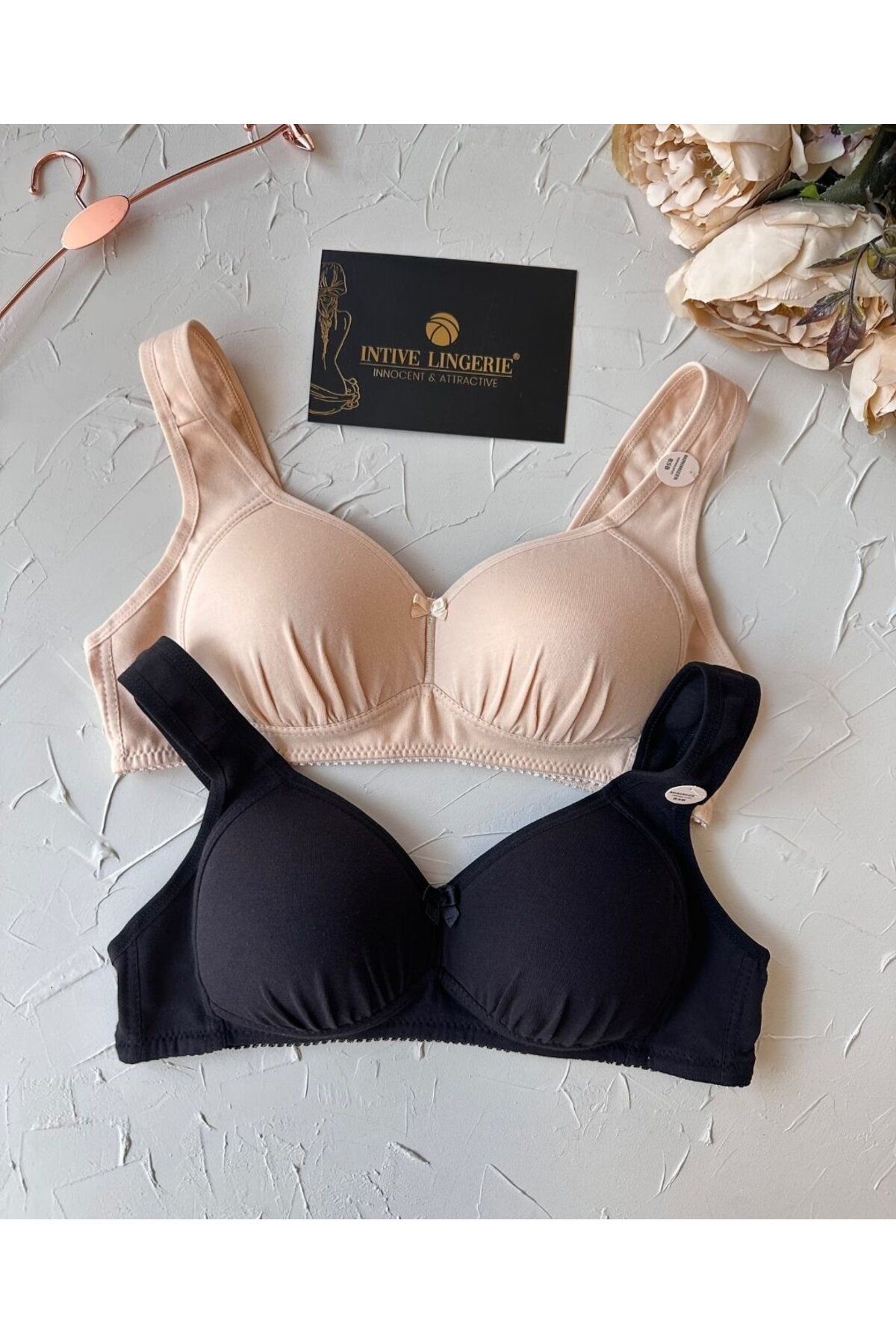 İntive Lingerie Louisa %85 Pamuklu Balesiz C Cup Toparlayıcı Penye Kalın Askılı 2'li Sütyen