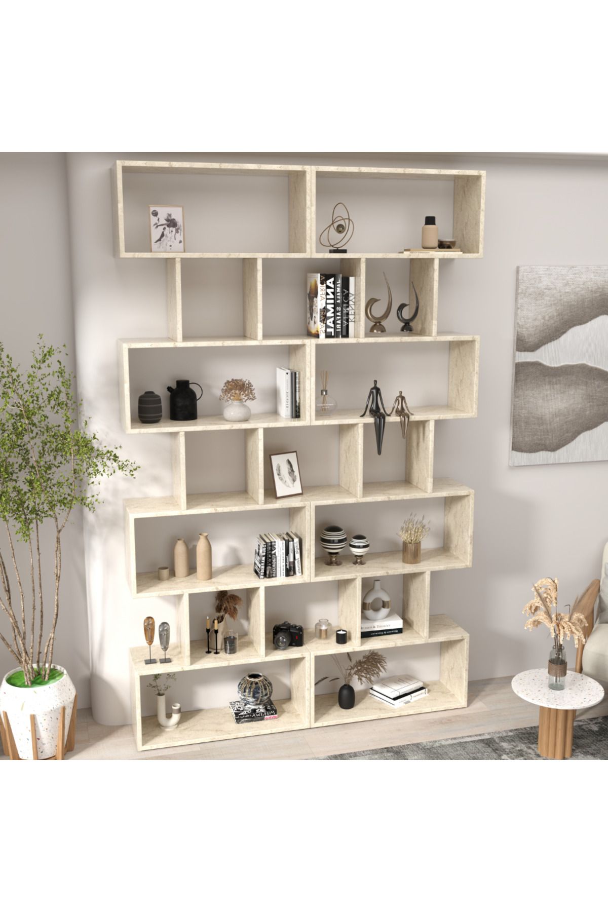 klubeconcept Yerden Tavana Traverten Desenli Kitaplık Dekoratif Büyük Boy Raf Ünitesi