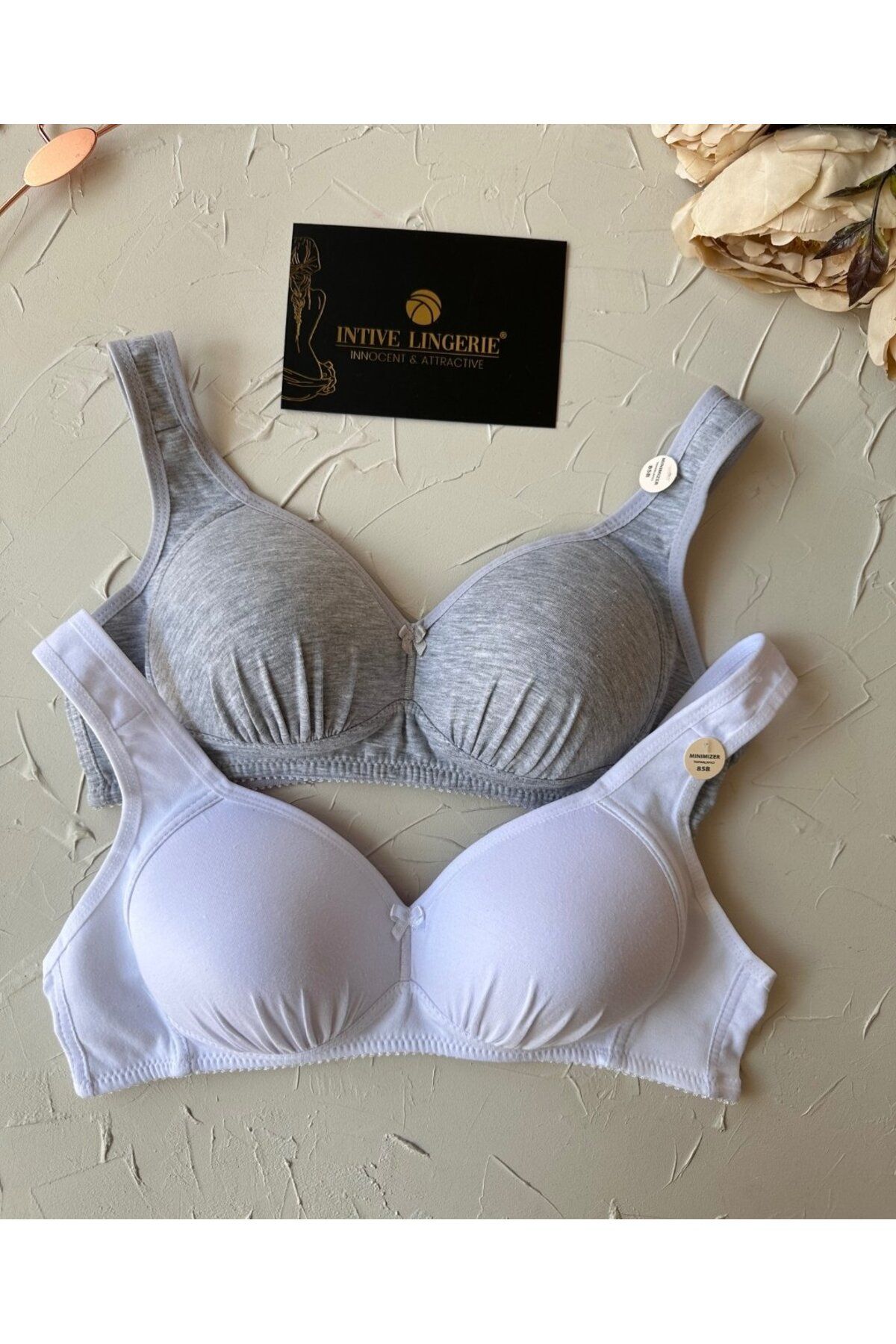 İntive Lingerie Louisa %85 Pamuklu Balesiz C Cup Toparlayıcı Penye Kalın Askılı 2'li Sütyen