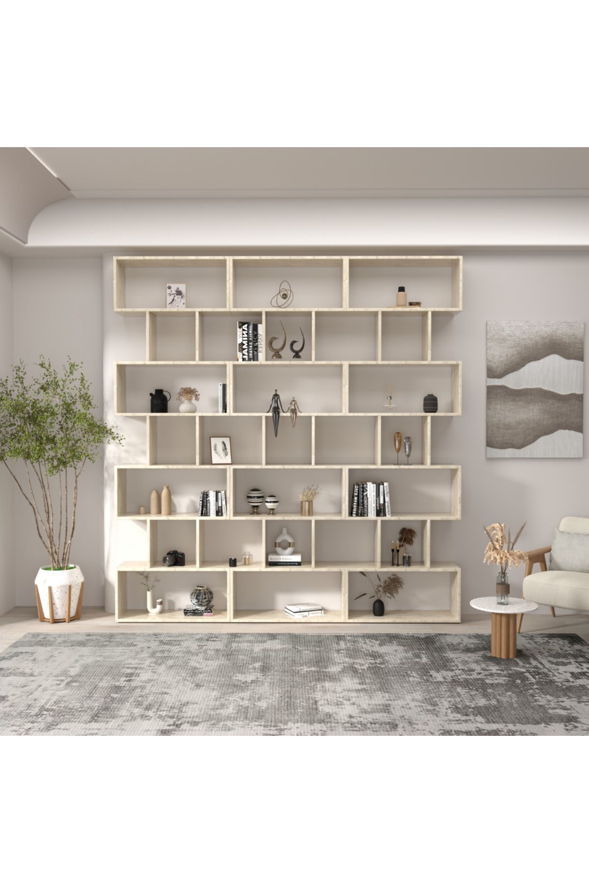 klubeconcept Yerden Tavana Traverten Desenli Kitaplık Dekoratif Büyük Boy Raf Ünitesi