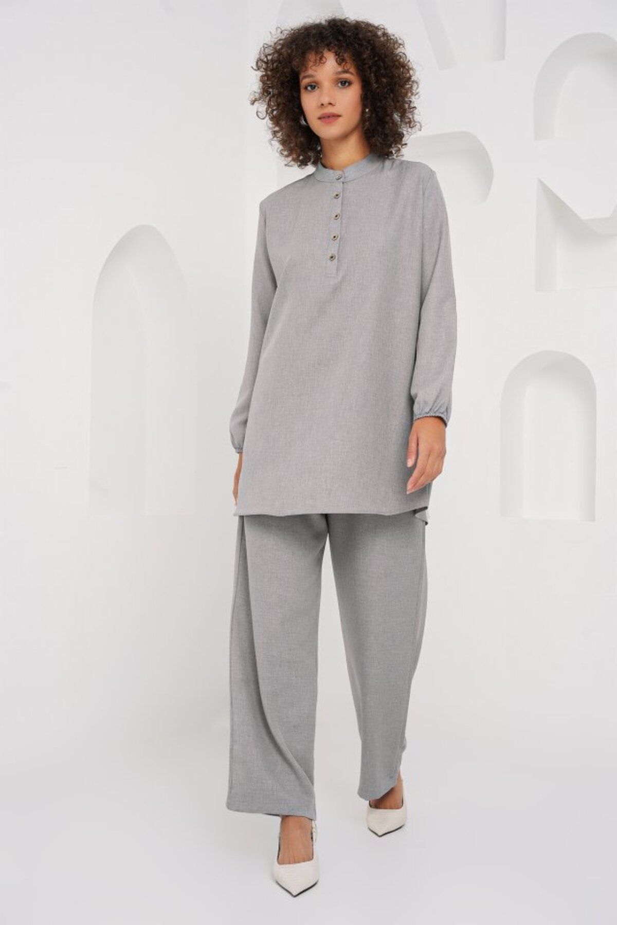 novafems 6678 Keten Tunik Pantolon İkili Takım - Gri