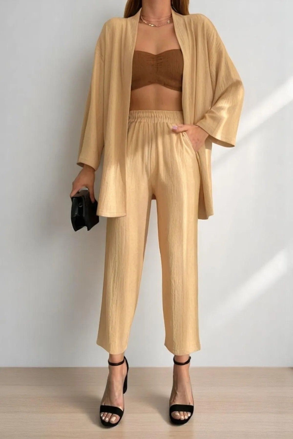 PAWWY Gofre Kumaş Bağlamalı Kimono Alt Üst Takım, Standart Beden 36/40 Beden Uyumlu, Tek bağlamalı