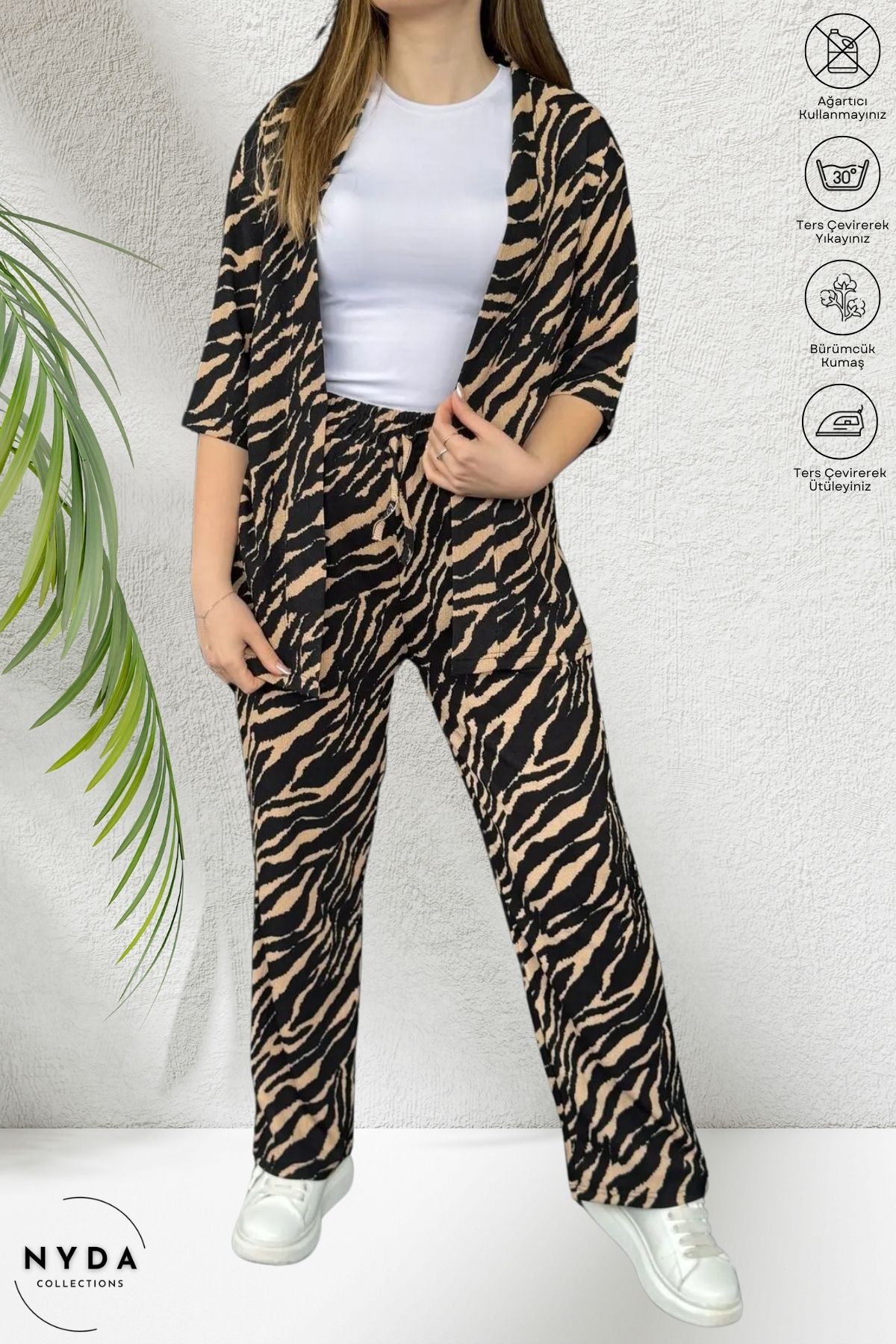 Nyda Collections Desenli Likralı Bürümcük Kumaş Lastikli Bel Hırkalı İnce Yazlık Kadın Kimono Takım