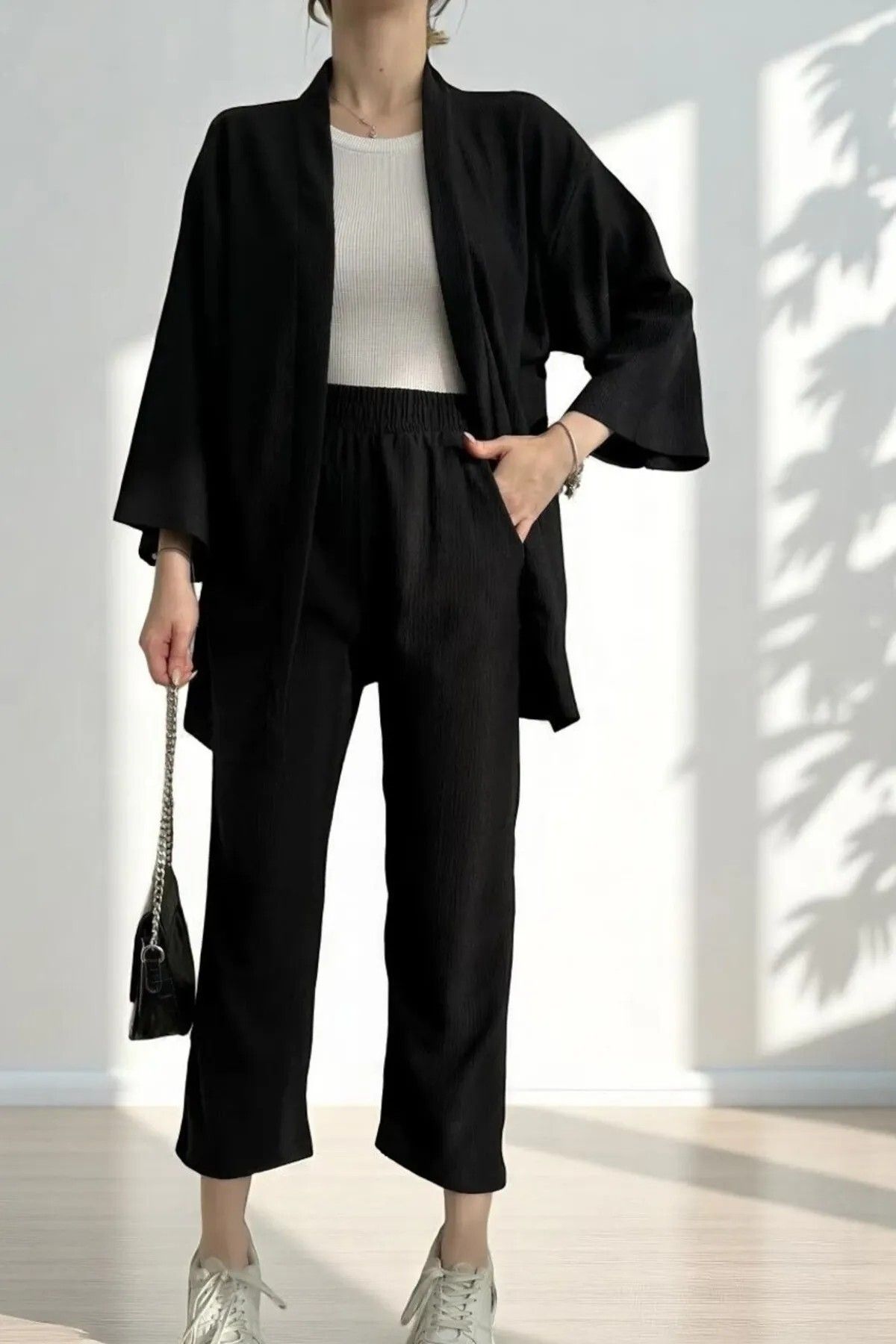 PAWWY Gofre Kumaş Bağlamalı Kimono Alt Üst Takım, Standart Beden 36/40 Beden Uyumlu, Tek bağlamalı