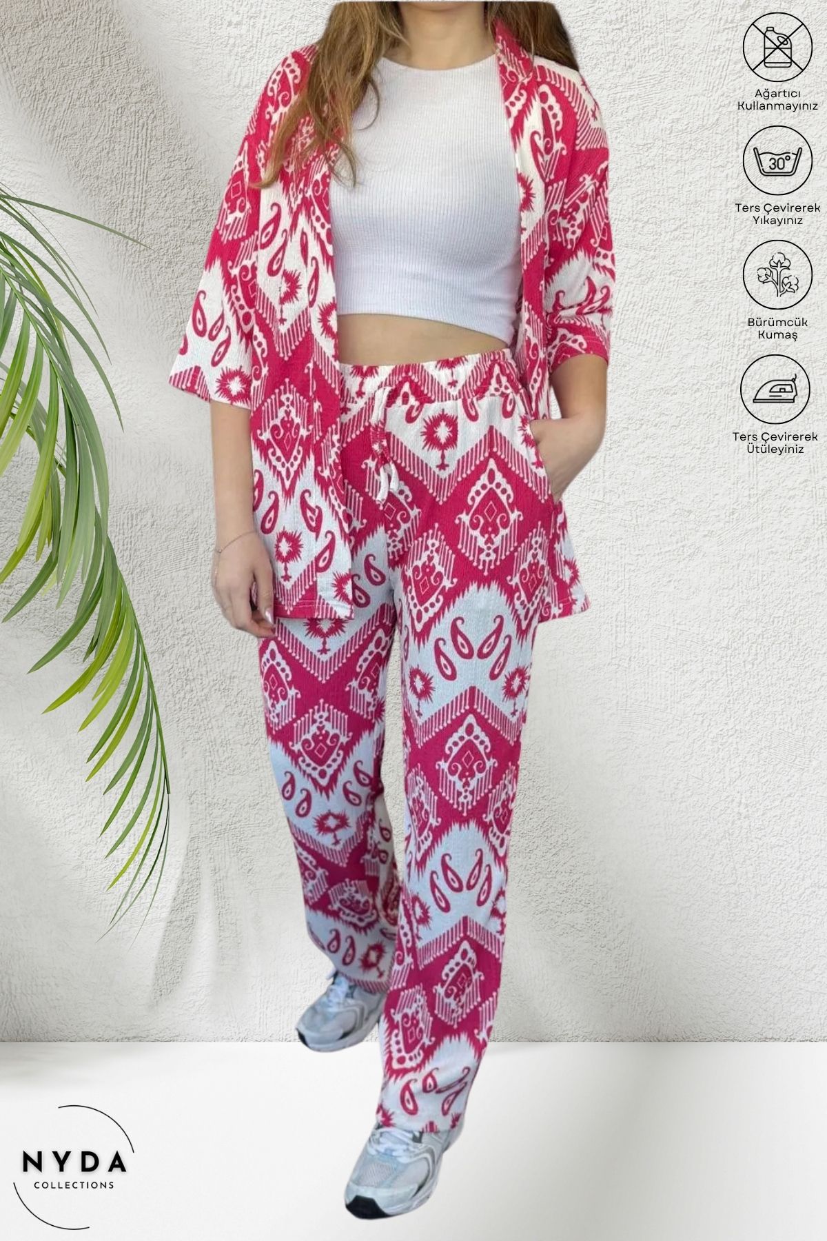 Nyda Collections Desenli Likralı Bürümcük Kumaş Lastikli Bel Hırkalı İnce Yazlık Kadın Kimono Takım