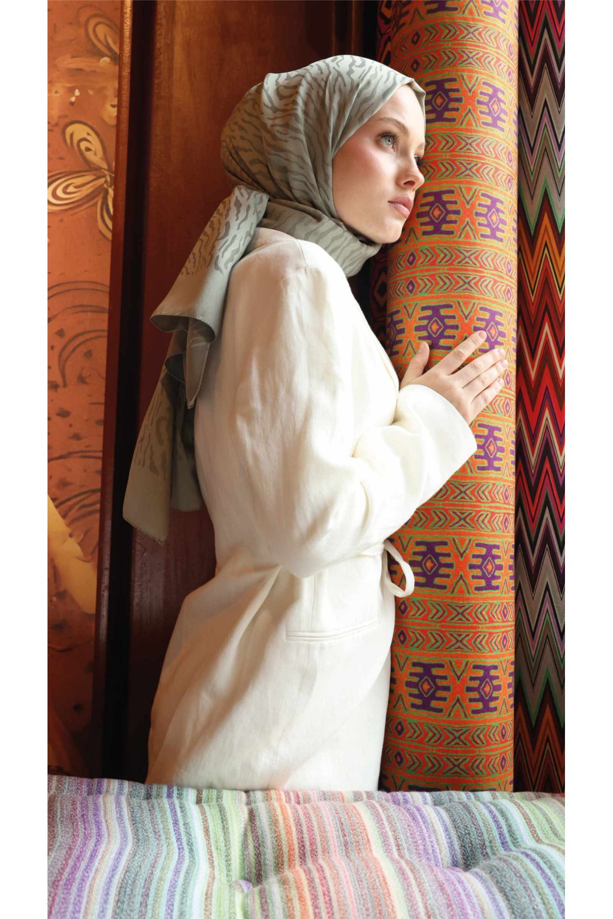 modayışığı Zebra Desen Şal / Küf Yeşili