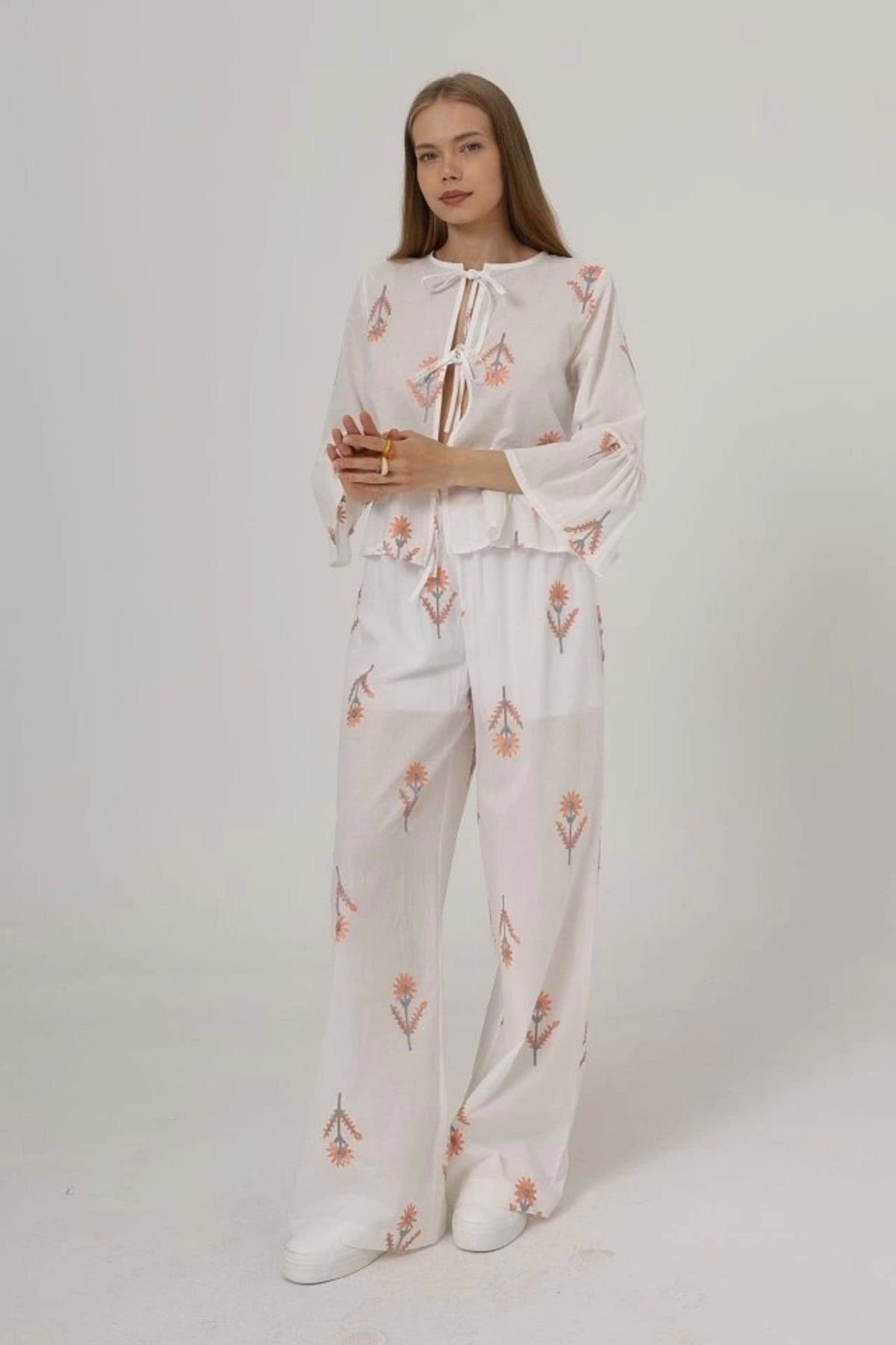 nedo7 İşlemeli Oversize Pantolon - Beyaz