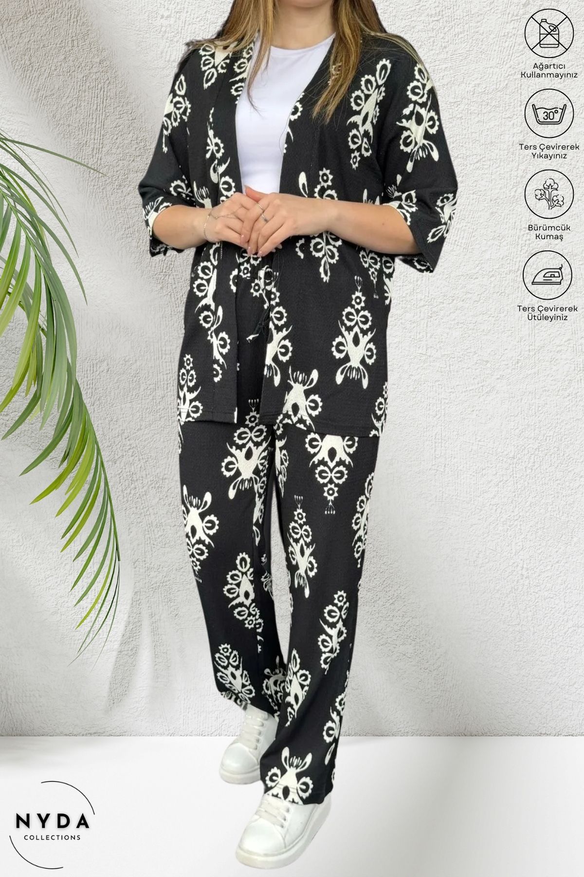 Nyda Collections Desenli Likralı Bürümcük Kumaş Lastikli Bel Hırkalı İnce Yazlık Kadın Kimono Takım