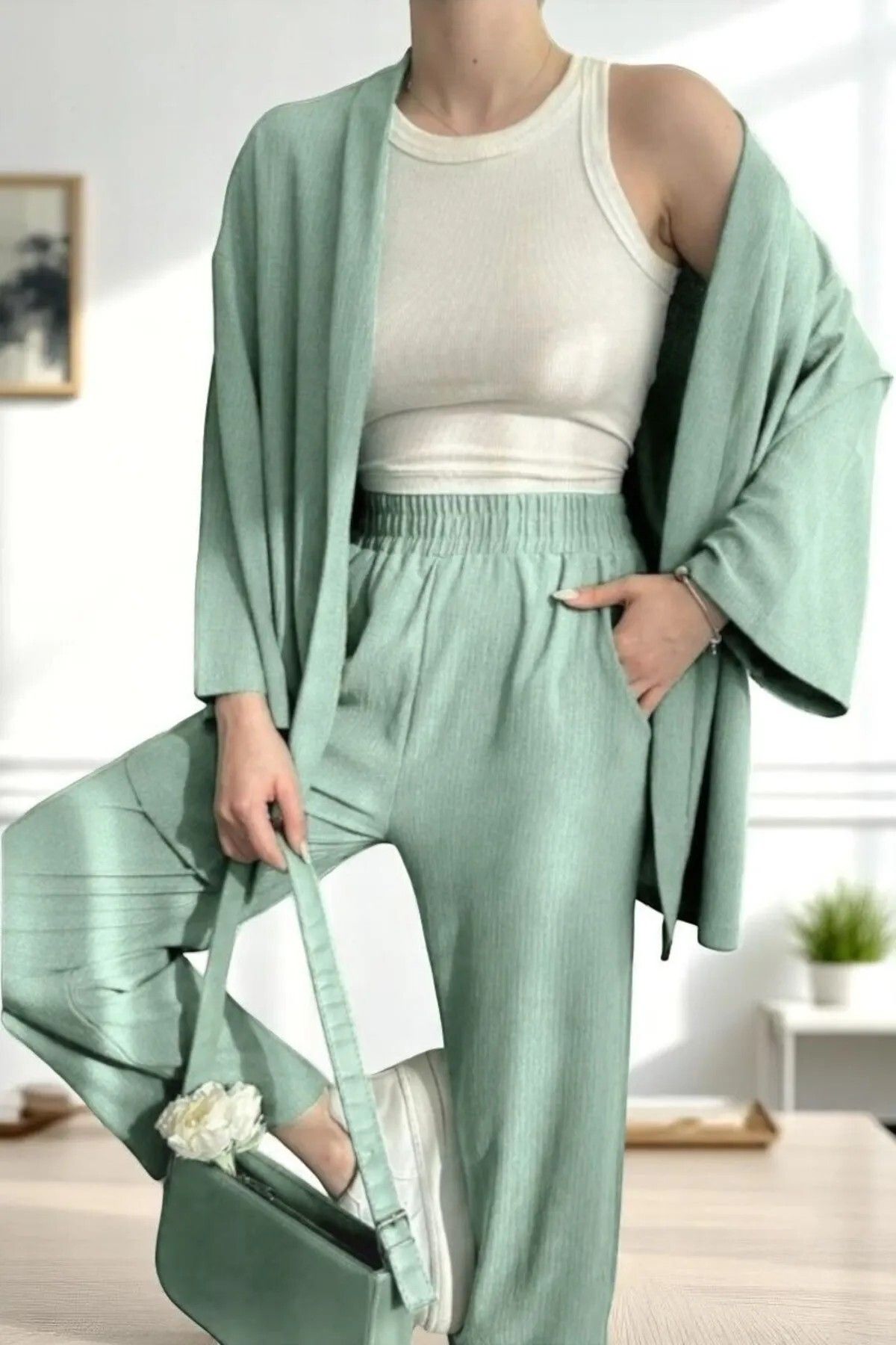 PAWWY Gofre Kumaş Bağlamalı Kimono Alt Üst Takım, Standart Beden 36/40 Beden Uyumlu, Tek bağlamalı