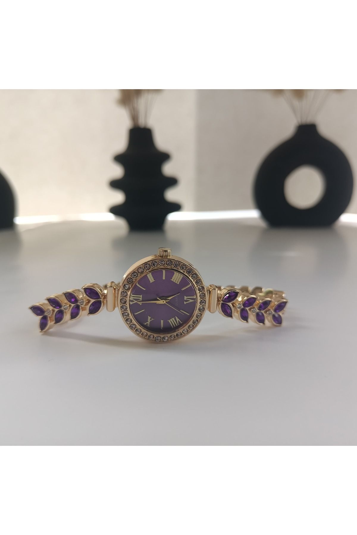 QUARTZ Taşlı Kadın Kol Saati, Mor Saat, Kadın Saati