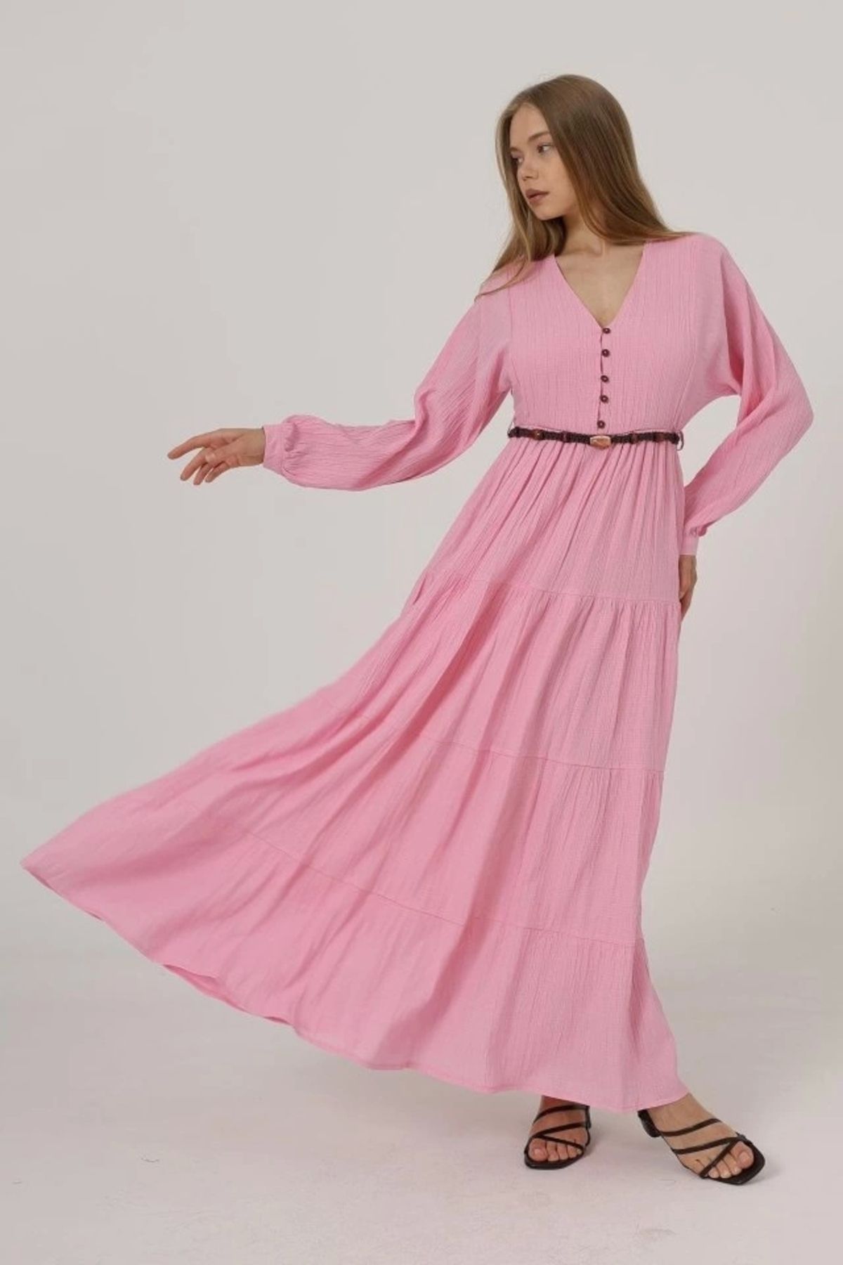 nedo7 Önü Yarım Düğmeli Uzun Kol Kemerli Elbise - Pembe