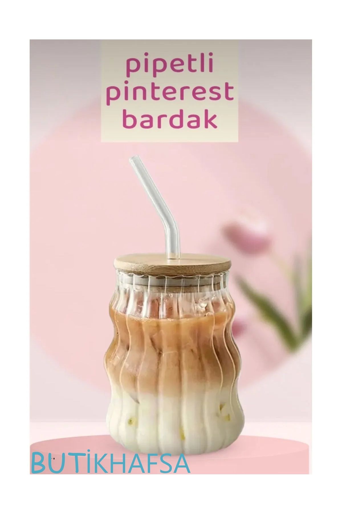 BUTİKHAFSA Bambu Kapaklı Pipetli Borosilikat Kahve Sunum Bardağı Isı Dayanıklı Bardak (550 ML) Berry