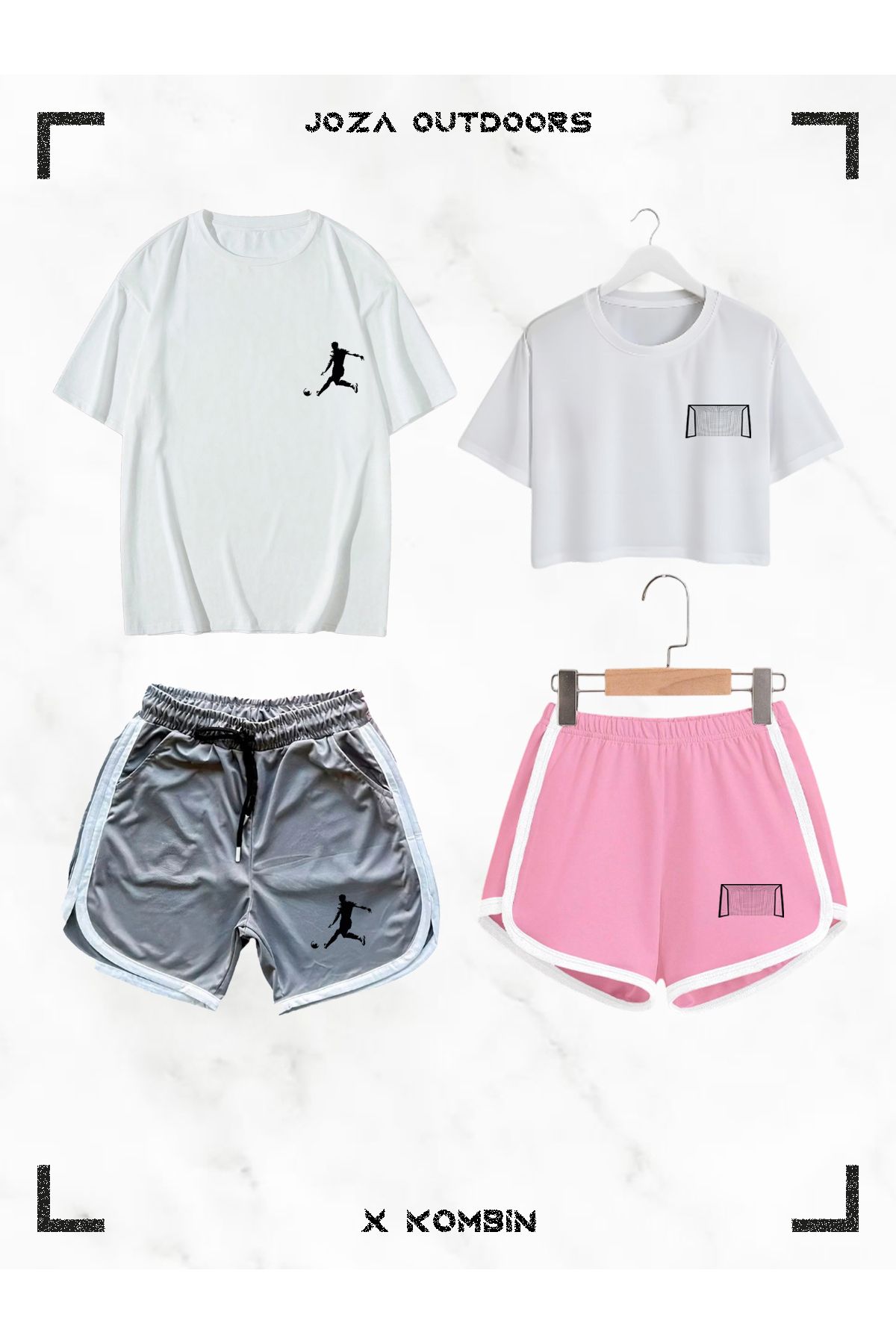 Jobia Outdoors Kadın Erkek Futbolcu Futbol Kalesi Baskılı Sevgili Çift Kombini Tasarım Oversize Tshirt Şort 4lü Set
