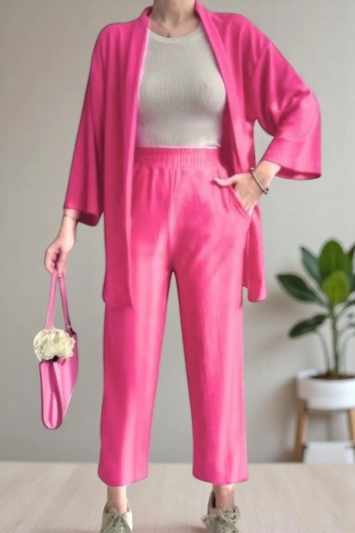 PAWWY Gofre Kumaş Bağlamalı Kimono Alt Üst Takım, Standart Beden 36/40 Beden Uyumlu, Tek bağlamalı