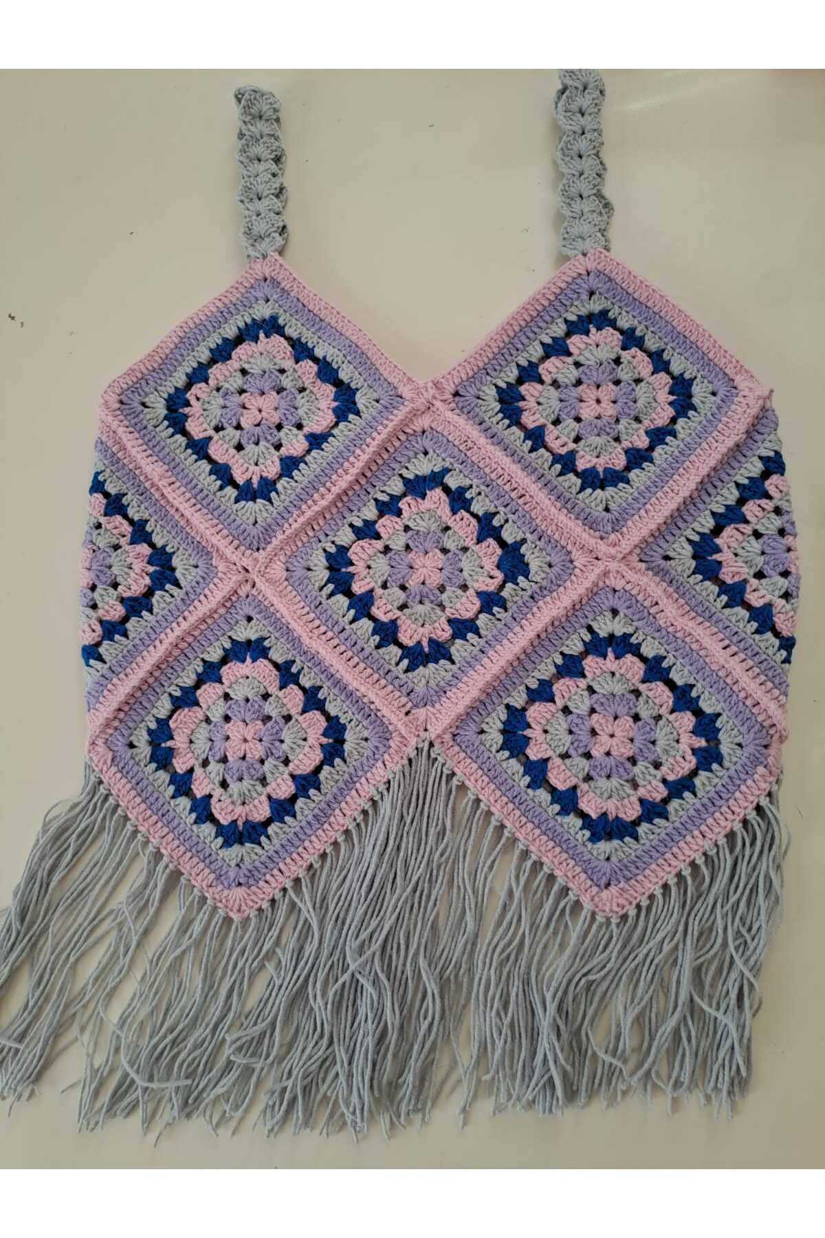 özlemmmoda KADIN BÜSTİYER EL ÖRGÜSÜ PEMBE DESENLİ PÜSKÜLLÜ