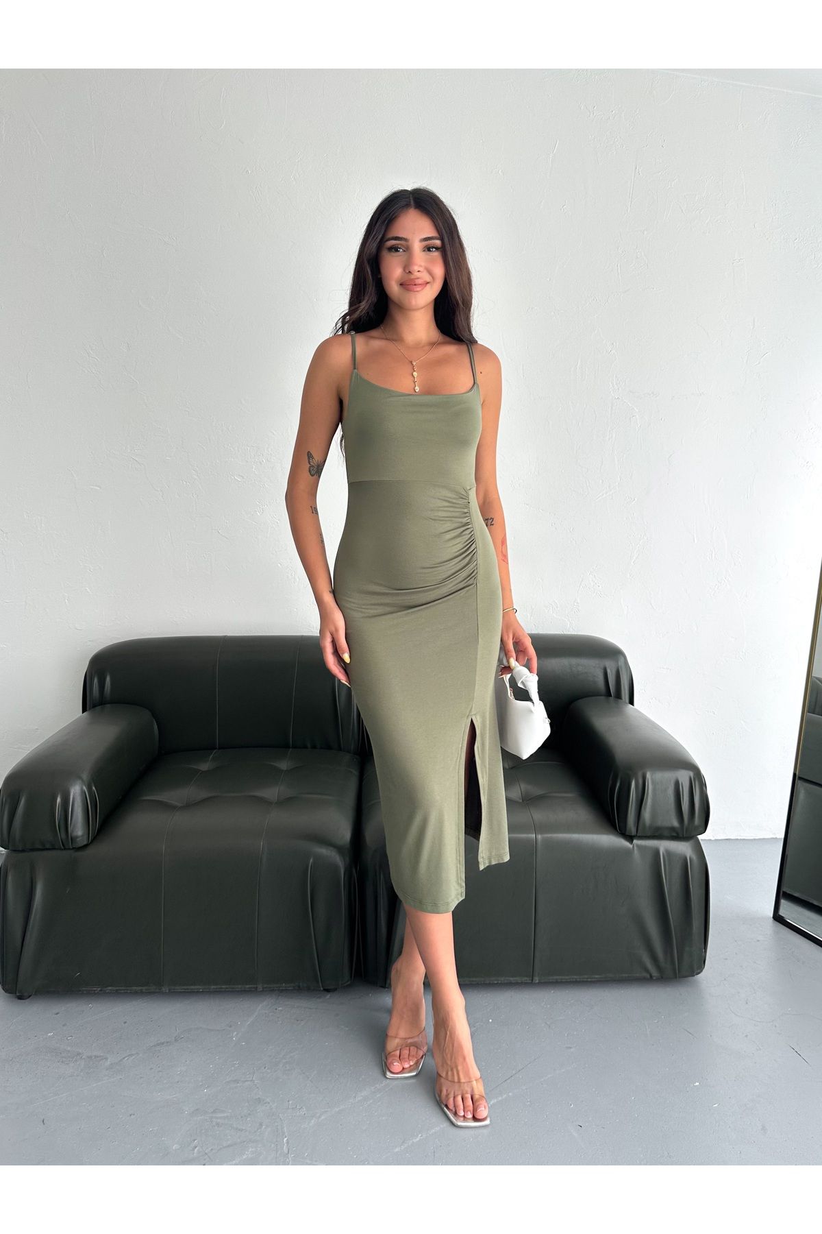 SBL COLLECTİON Askılı Yandan Yırtmaçlı Viskon Kadın Elbise